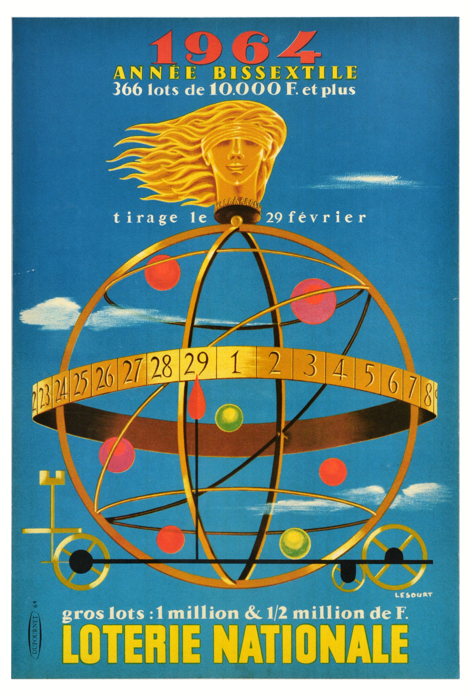 Advertising Poster Loterie Nationale 1964 Leap Year Game: Original vintage advertising poster for 1964 Leap Year French National Lottery 29 February draw featuring an illustration of a calendar and a lady's face set over a blue sky background with white clou