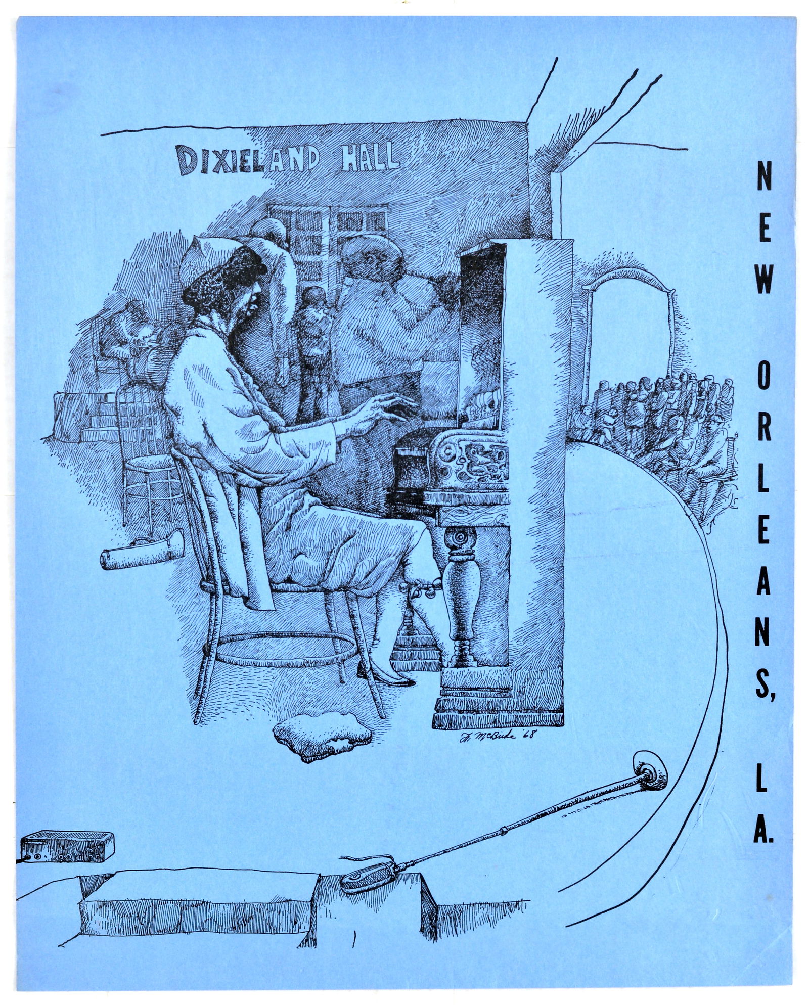 Advertising Poster New Orleans Dixieland Hall Jazz McBride: Original vintage advertising poster titled 'New Orleans, LA - Dixieland Hall', with an etching artwork illustrating a scene from a jazz bar or parlour. Featuring a pianist, trumpeter and a jazz band o