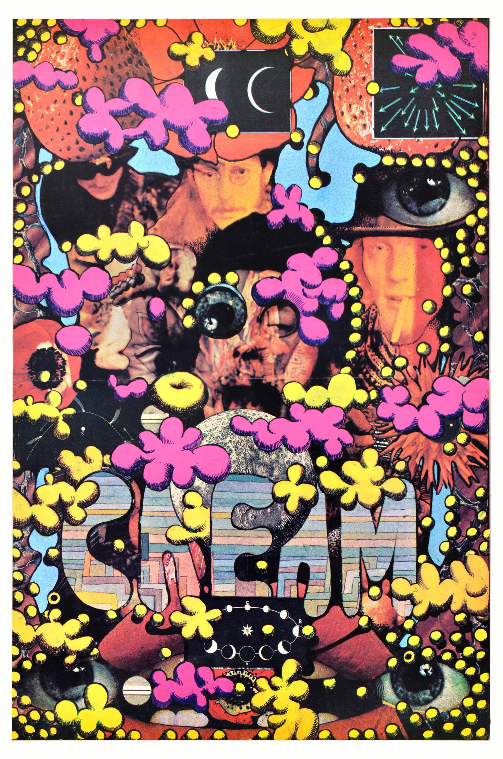 Advertising Poster Cream Rock Band Music: Original vintage music poster promoting the British rock band Cream - Design by Martin Sharp (1942-2013) features a collage of photographs of the band members, eyes and faces decorated with colourful