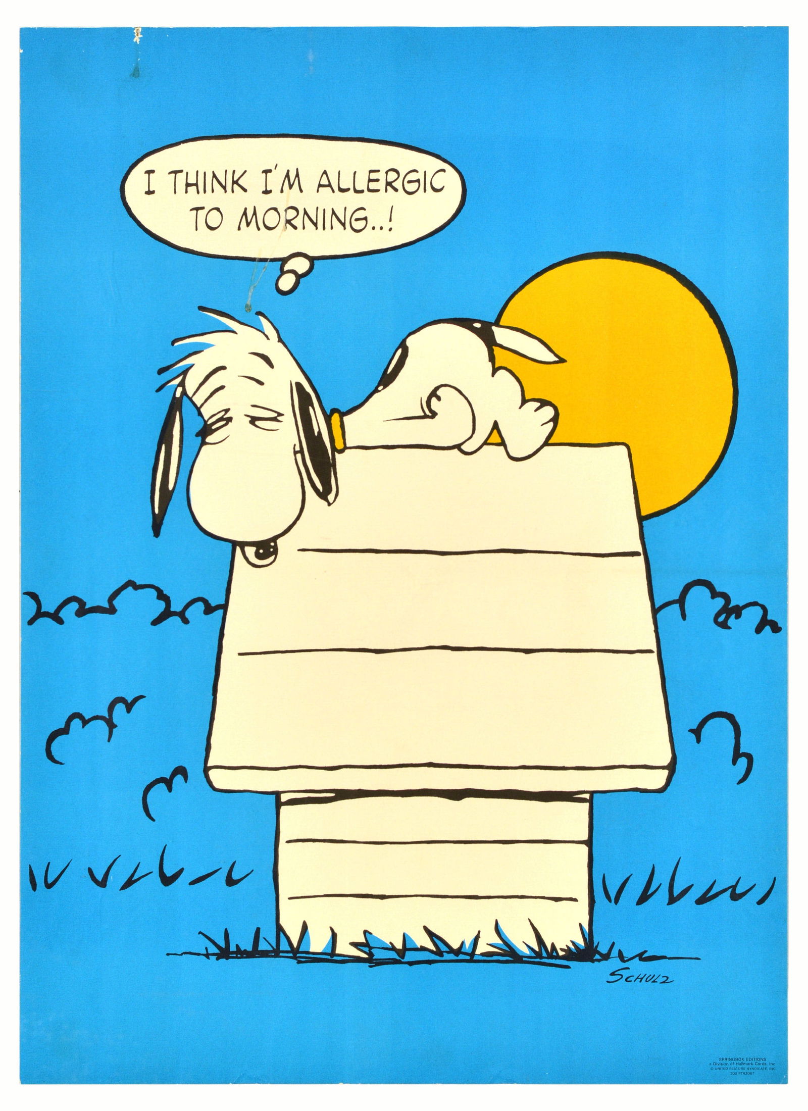 Advertising Poster Snoopy Morning Allergy Peanuts Charles Shulz: Original vintage poster featuring the iconic comic character Snoopy the Dog by the notable American cartoonist Charles M. Schulz (Charles Monroe Schulz; 1922-2000) - I think I'm allergic to morning..!