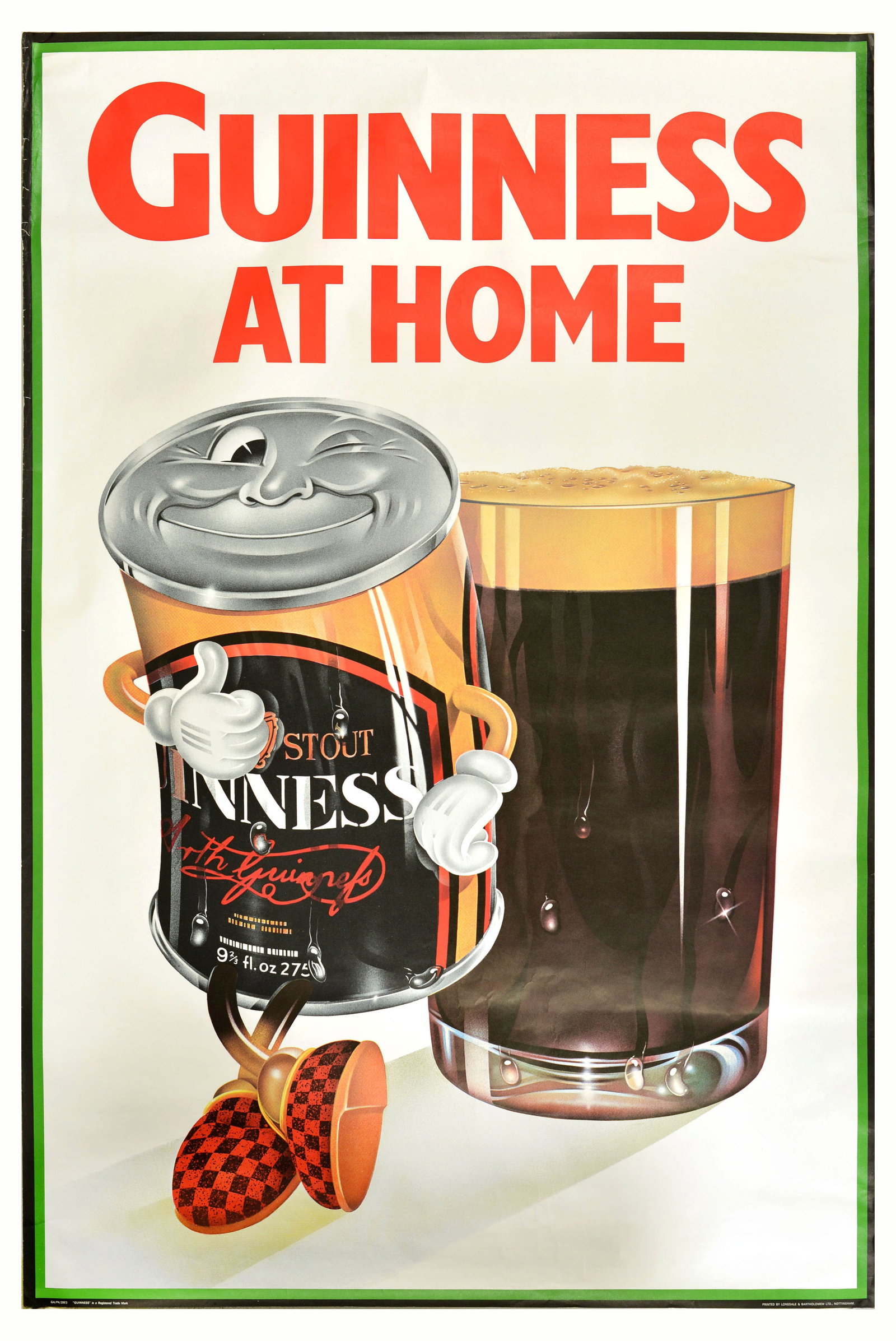 Advertising Poster Guinness At Home Irish Stout Beer: Original vintage advertising poster for the iconic drink Guinness Irish stout beer - Guinness at Home - featuring a fun illustration of a smiling can of Guinness beer in checkered house slippers seen 