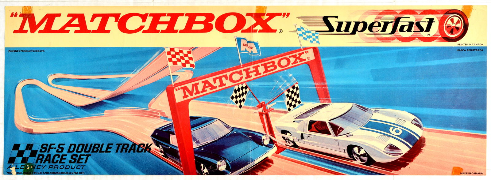 Advertising Poster Matchbox Superfast Model Racing Cars: Original vintage advertising poster for Matchbox Superfast, a double track race set toy. Matchbox is a popular British toy brand which was introduced by Lesney Products in 1953, and is now owned by Ma