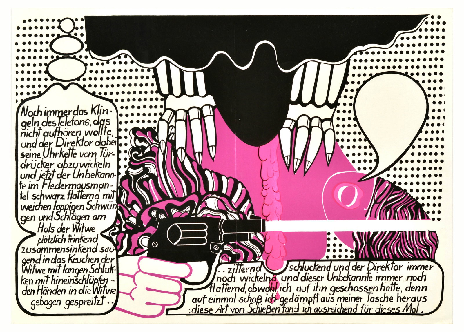 Advertising Poster Set Gun Skeleton Maroon Carmine Dance Selfkicker: Set of 9 original vintage posters on various topics. 1. Comic-style illustration of skeleton hands holding a lady lying on the ground with a hand holding a gun appearing in the foreground. An excerpt 