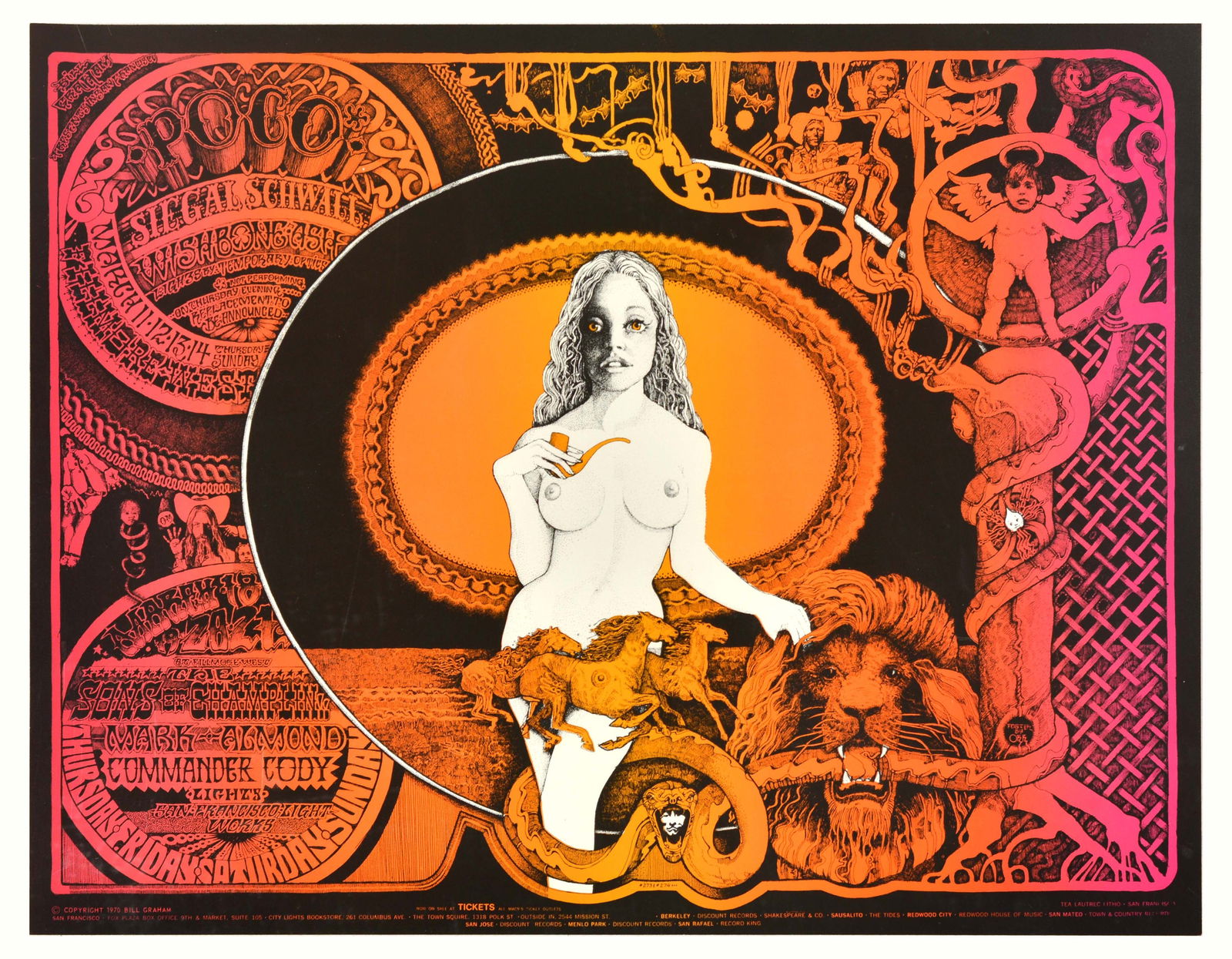 Advertising Poster Bill Graham San Francisco Siegal Schwall: Original vintage music advertising poster Bill Graham presents in San Francisco - Siegal Schwall, Wishbone Ash, The Sons of Champlin, Mark Almond, and Commander Cody, featuring a psychedelic illustrat