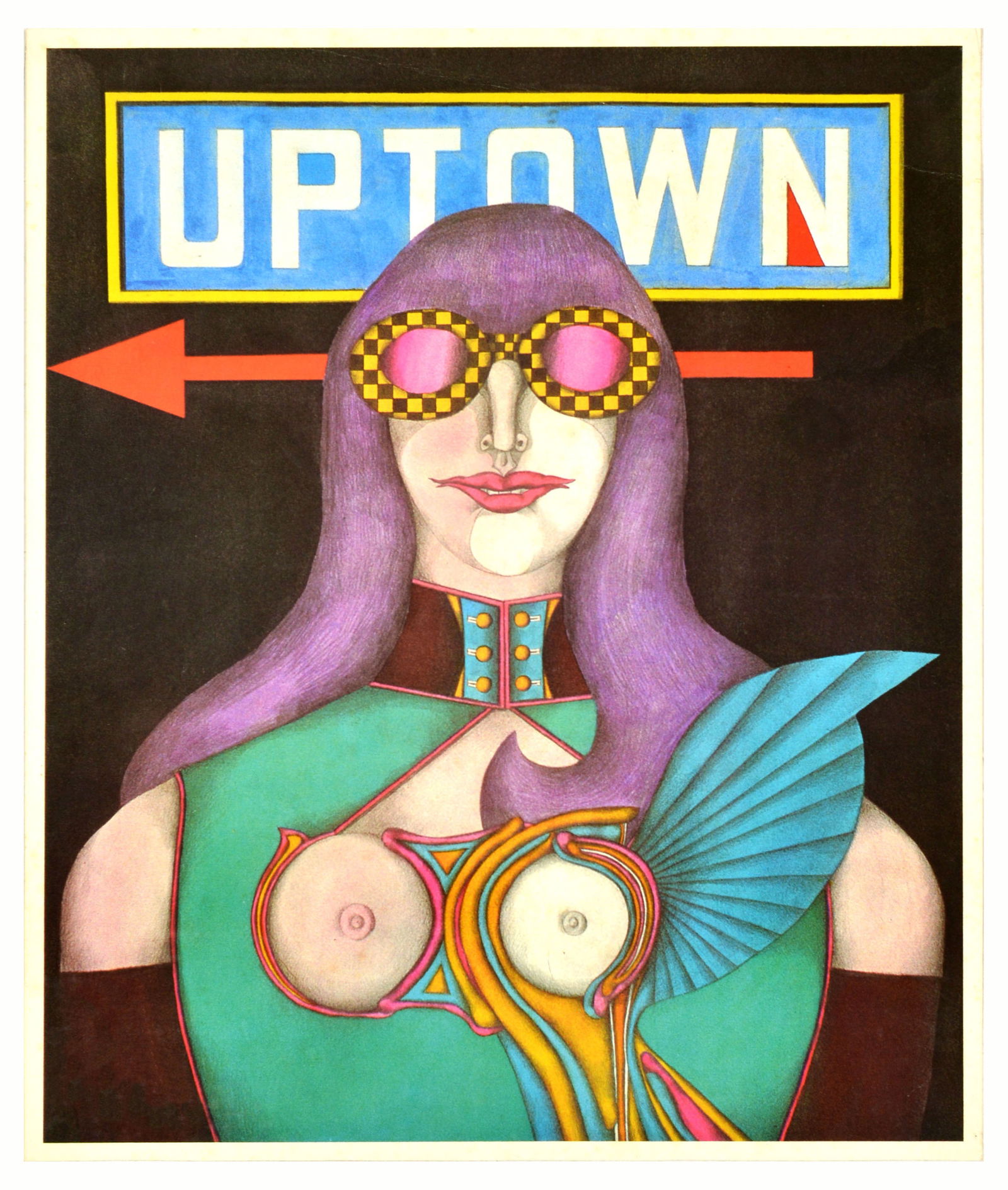 Advertising Poster Uptown Richard Lindner Sunglasses: Original vintage poster Uptown featuring surreal artwork by American-German artist Richard Lindner (1901-1978) depicting a semi-nude lady wearing futuristic clothing, pink lensed chequered sunglasses