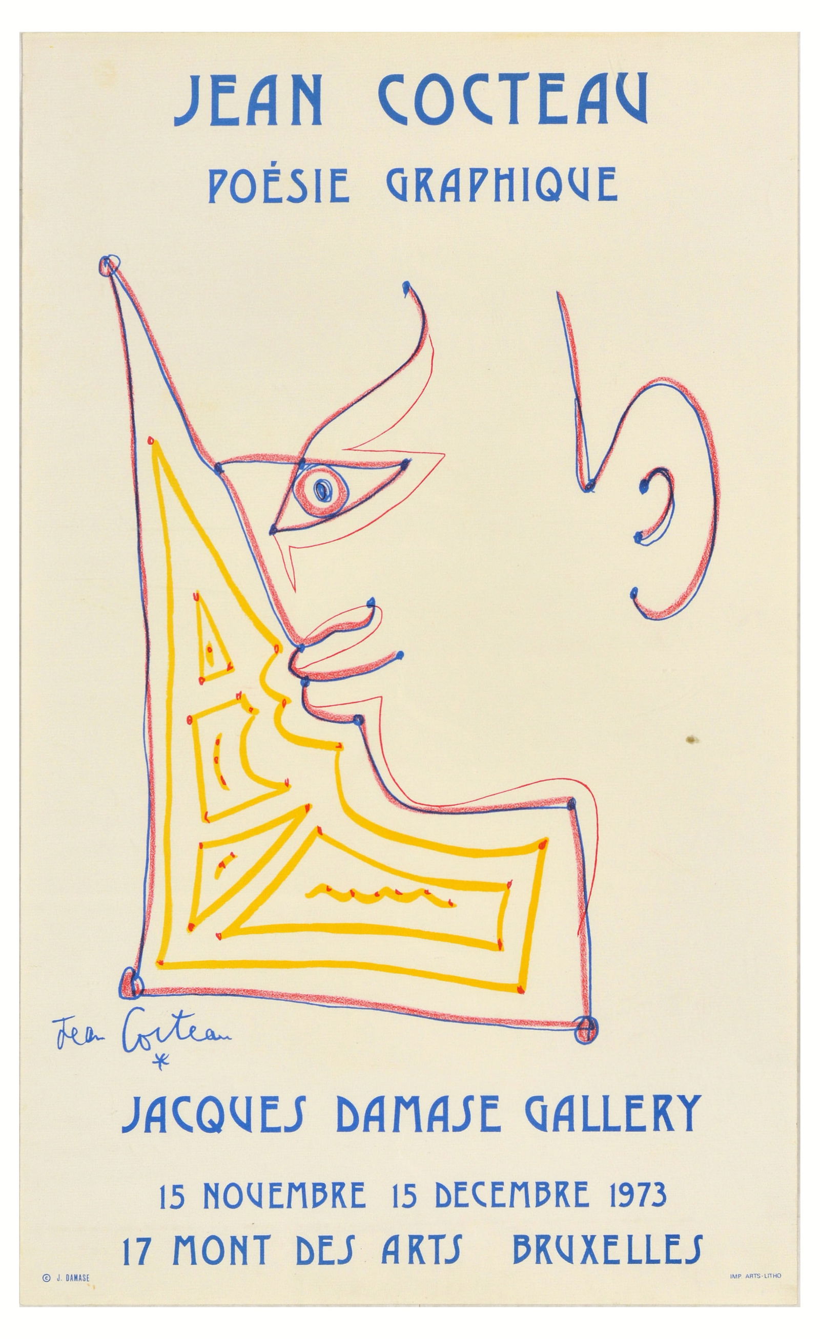 Advertising Poster Jean Cocteau Graphic Poetry Profil D'Homme: Original vintage advertising poster for a Jean Cocteau exhibition titled Poesie Graphique / Graphic Poetry that took place at Jacques Damase Gallery between 15 November - 15 December 1973. The abstrac