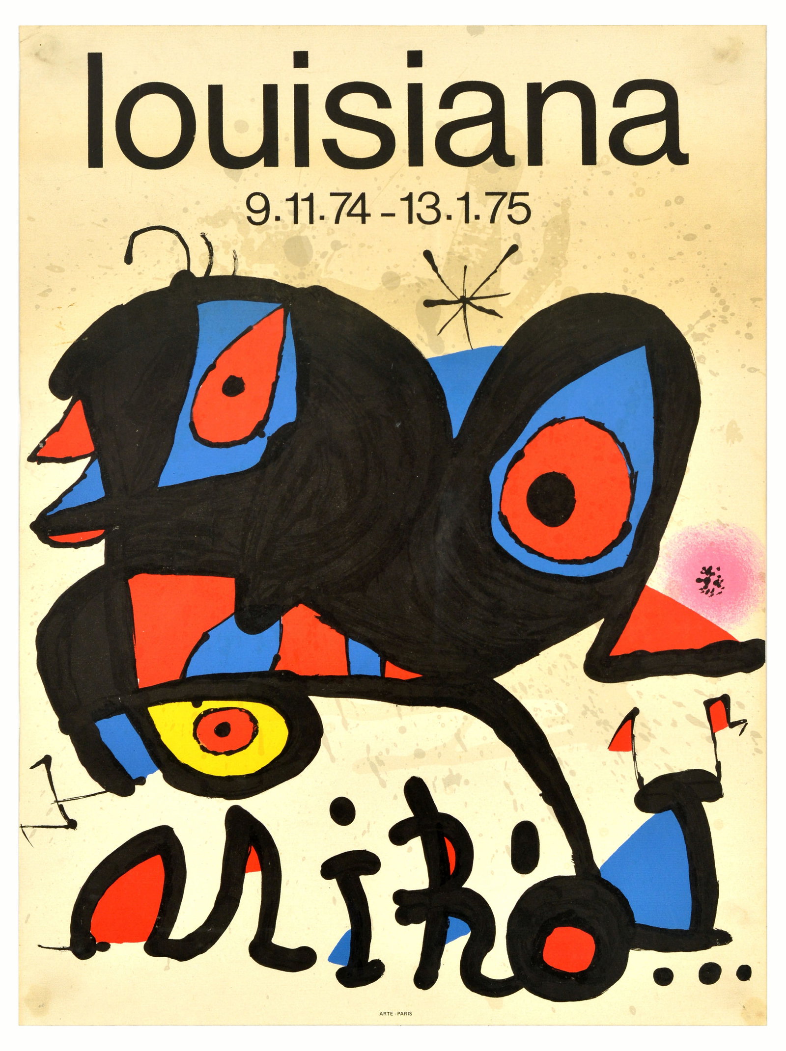 Advertising Poster Joan Miro Louisiana Surrealist Art Exhibition: Original vintage advertising poster for Miro artwork exhibition from 9 November 1974 to 13 January 1975 at the Louisiana Museum of Modern Art, featuring an abstract image in black, red, blue, and yell