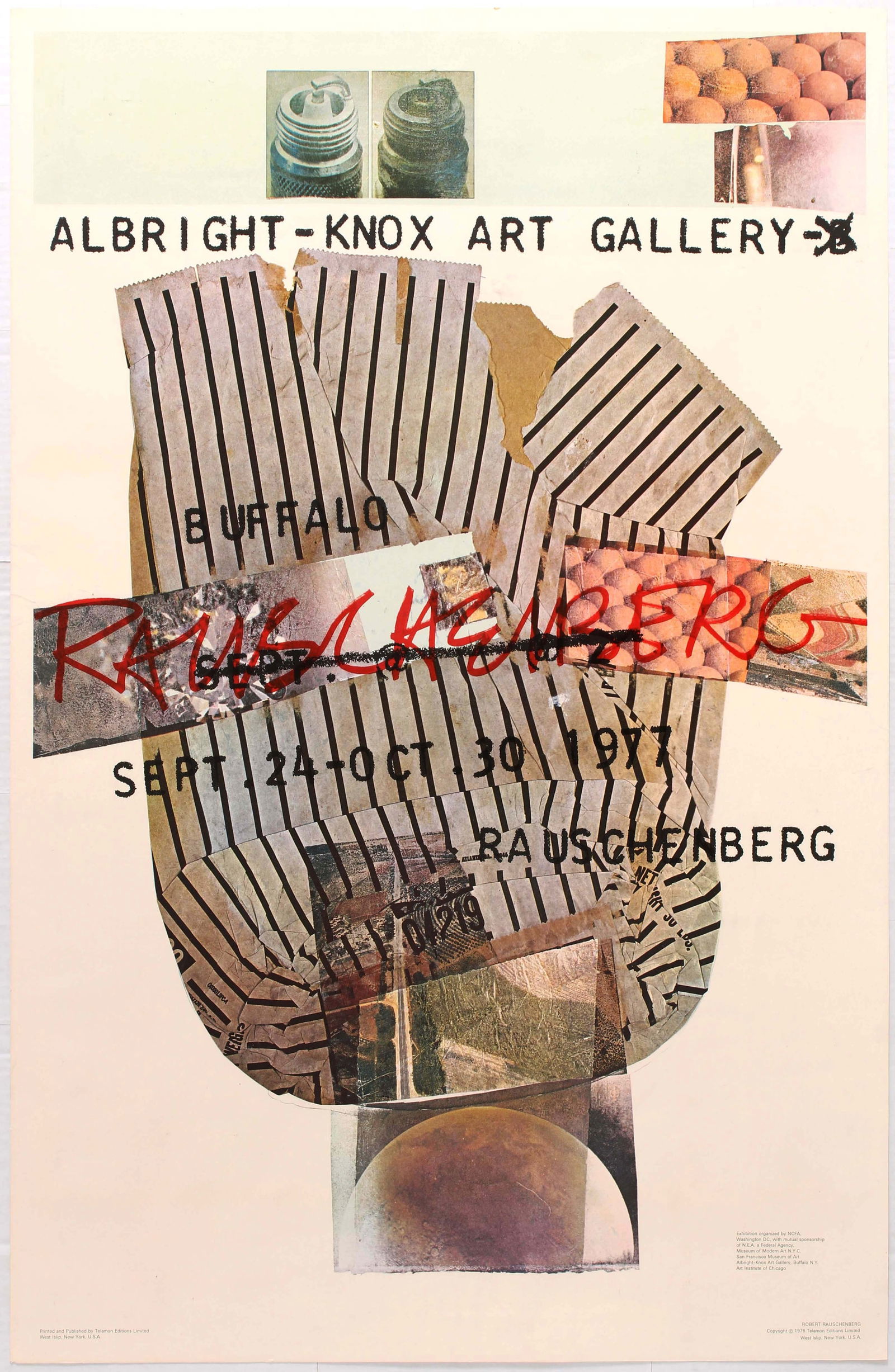 Art Exhibition Poster Rauschenberg Albright Knox: Original vintage advertising poster for Robert Rauschenberg Exhibition held in Albright-Knox Art Gallery. Milton Ernest "Robert" Rauschenberg (October 22, 1925 – May 12, 2008) was an American painte