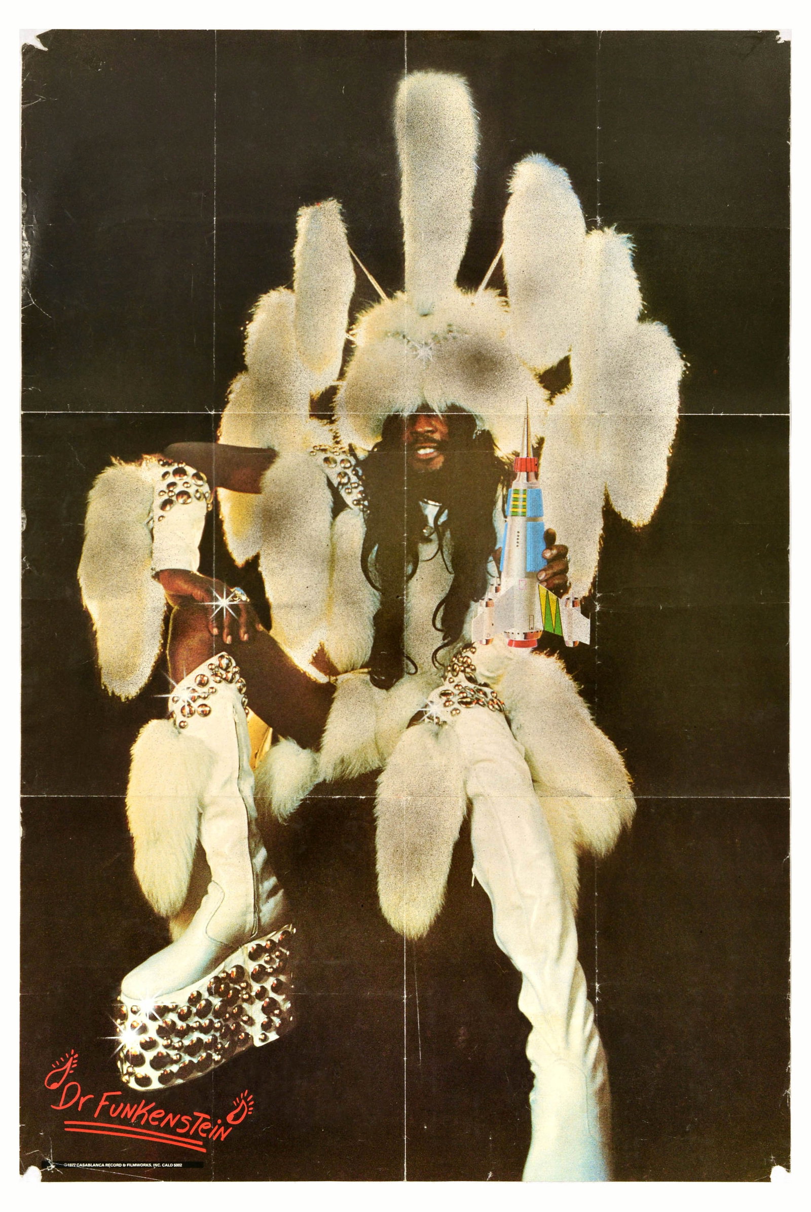 Advertising Poster Dr Funkenstein Parliament Funk Music: Original vintage music advertising poster Dr Funkenstein featuring a photograph of George Clinton from an American funk band Parliament, formed in the late 1960s, depicting a man dressed in fur clothi