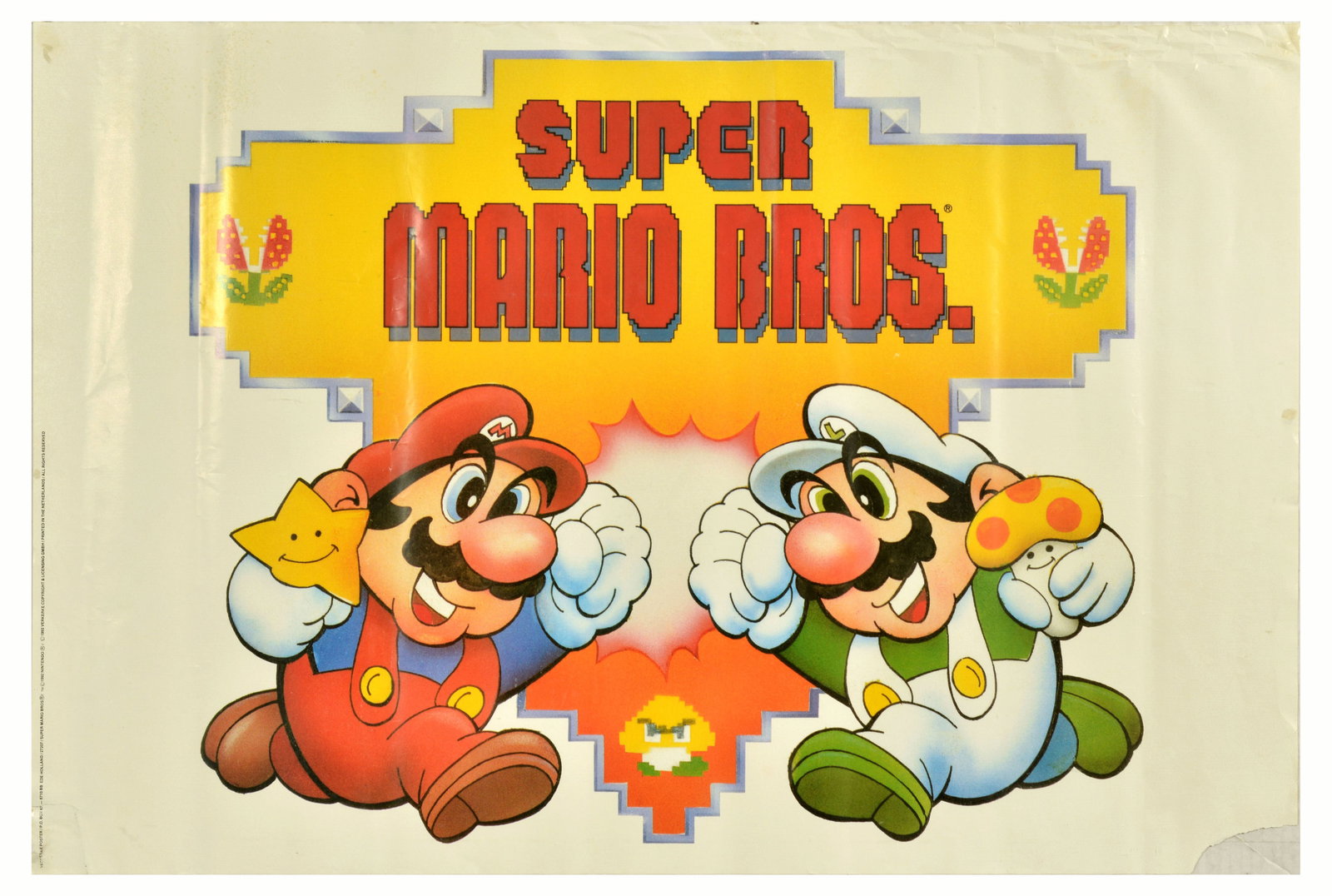 Video Game Console Poster Set Super Mario Bros Nintendo Sonic Hedgehog Sega Daytona USA: Set of 4 original vintage advertising posters for video games. 1. Super Mario Bros featuring an illustration of smiling Mario with a star and Luigi with a mushroom, a Goomba and Piranha Plants next to
