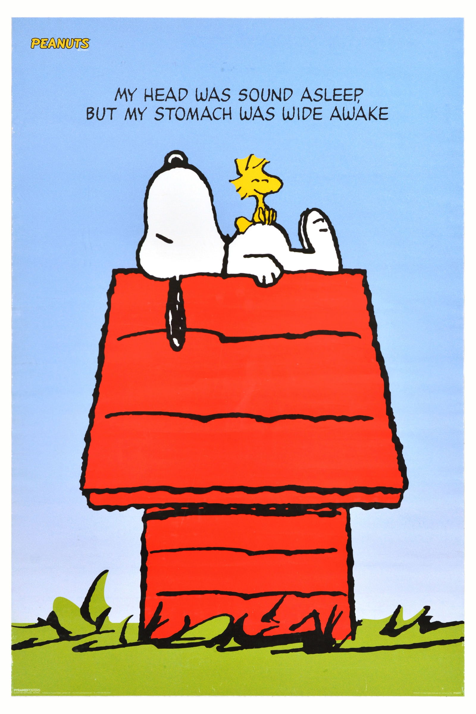 Advertising Poster Snoopy Stomach Wide Awake Peanuts Schulz: Advertising poster featuring the iconic comic character Snoopy the Dog by the notable American cartoonist Charles M. Schulz (Charles Monroe Schulz; 1922-2000) - My head was sound asleep, but my stomac