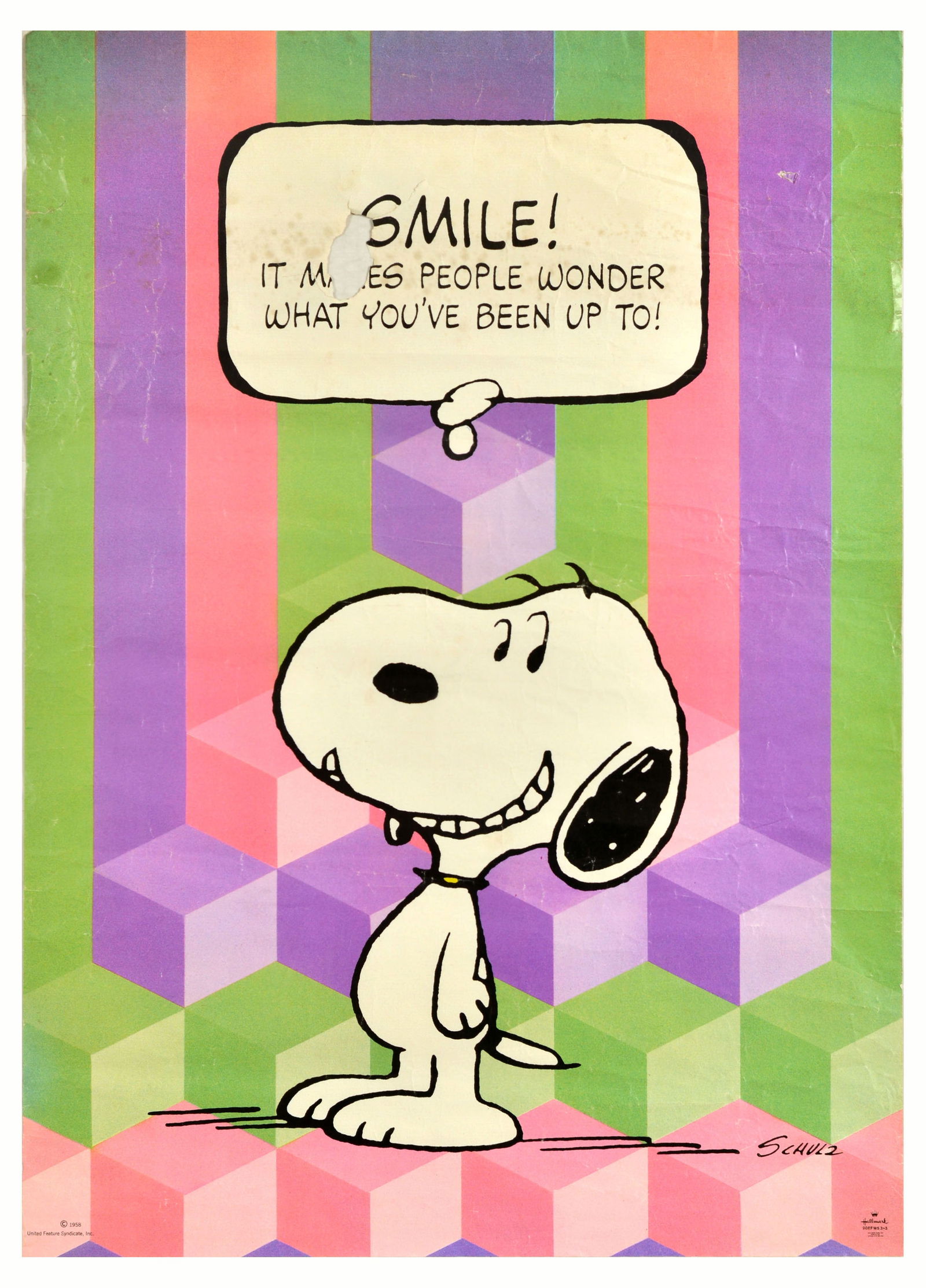 Advertising Poster Snoopy Smile Peanuts Schulz: Original vintage poster featuring the iconic comic character Snoopy the Dog by the notable American cartoonist Charles M. Schulz (Charles Monroe Schulz; 1922-2000) - Smile! It makes people wonder what