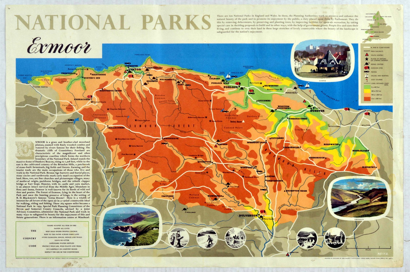 Travel Poster National Parks Exmoor Somerset Devon Wales: Original vintage travel poster featuring an annotated map of Exmoor National Park featuring travel routes, roads, railways, youth hostels, place names, camping areas, golf courses, fishing location, h