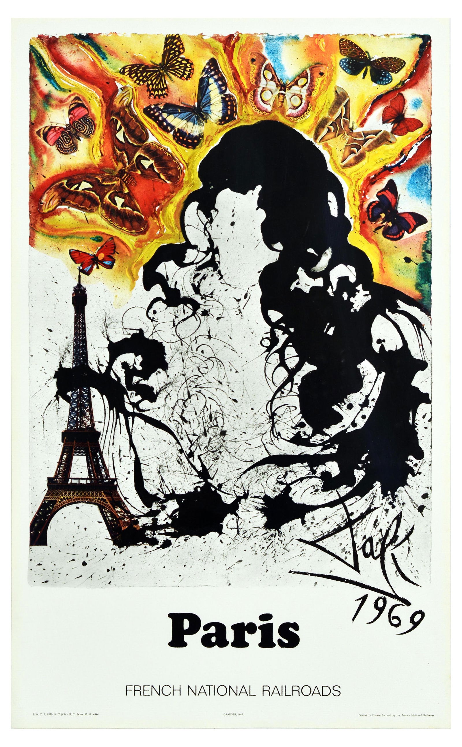 Travel Poster Paris SNCF Salvador Dali French National Railroads: Original vintage travel poster advertising Paris featuring the Eiffel Tower with abstract lines and colourful butterflies designed by the renowned surrealist artist Salvador Dali (1904-1989) for the s