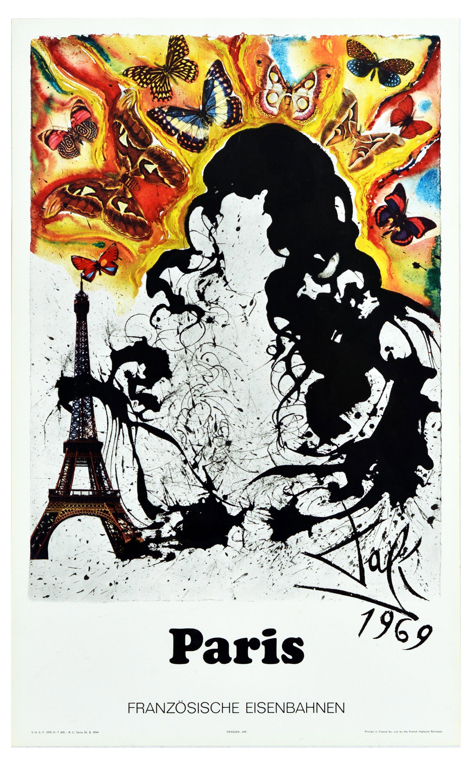 Travel Poster Paris SNCF Salvador Dali French Railways German: Original vintage travel poster advertising Paris featuring the Eiffel Tower with abstract lines and colourful butterflies designed by the renowned surrealist artist Salvador Dali (1904-1989) for the s