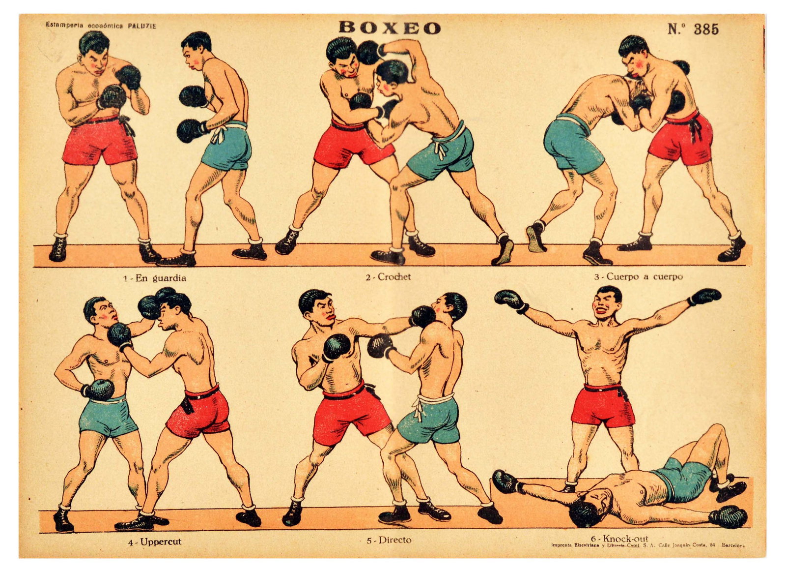 Sport Poster Boxeo Boxing Punching Gym Athlete: Original vintage sport poster Boxeo / Boxing - Design features images of different stances and punches including On guard, Crochet, Body, Uppercut, Direct and finishing with a knock-out. Printed in Ba