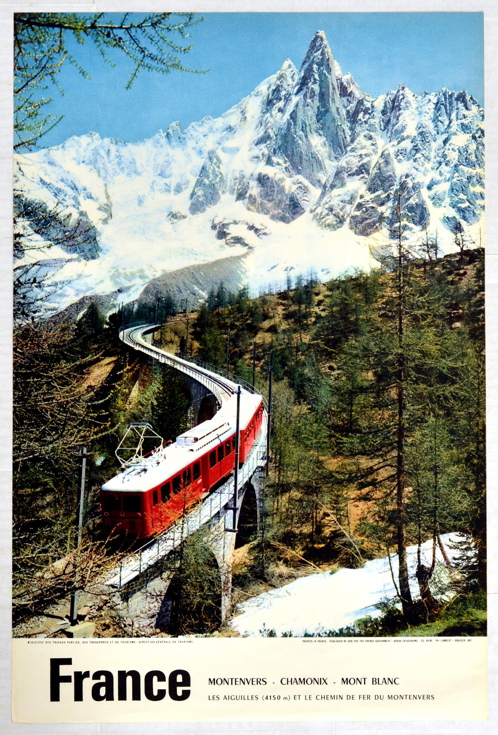 Sport Poster Ski France Chamonix Mont Blanc Montenvers Railway: Original vintage French railway winter travel poster for France Montenvers Chamonix Mont Blanc Les Aiguilles (4150m) et Le Chemin de Fer du Montenvers featuring a scenic colour photograph of a train o