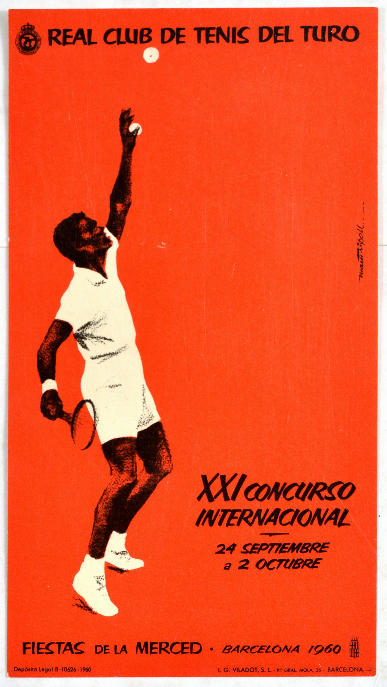 Sport Poster Real Club De Tenis Tennis Tournament Barcelona: Original vintage sport small poster flyer for the Real Club de Tenis del Turo XXI Concurso Internacional 24 Septiembre a 2 Octubre Fiestas de las Merced Barcelona 1960 international tennis tournament