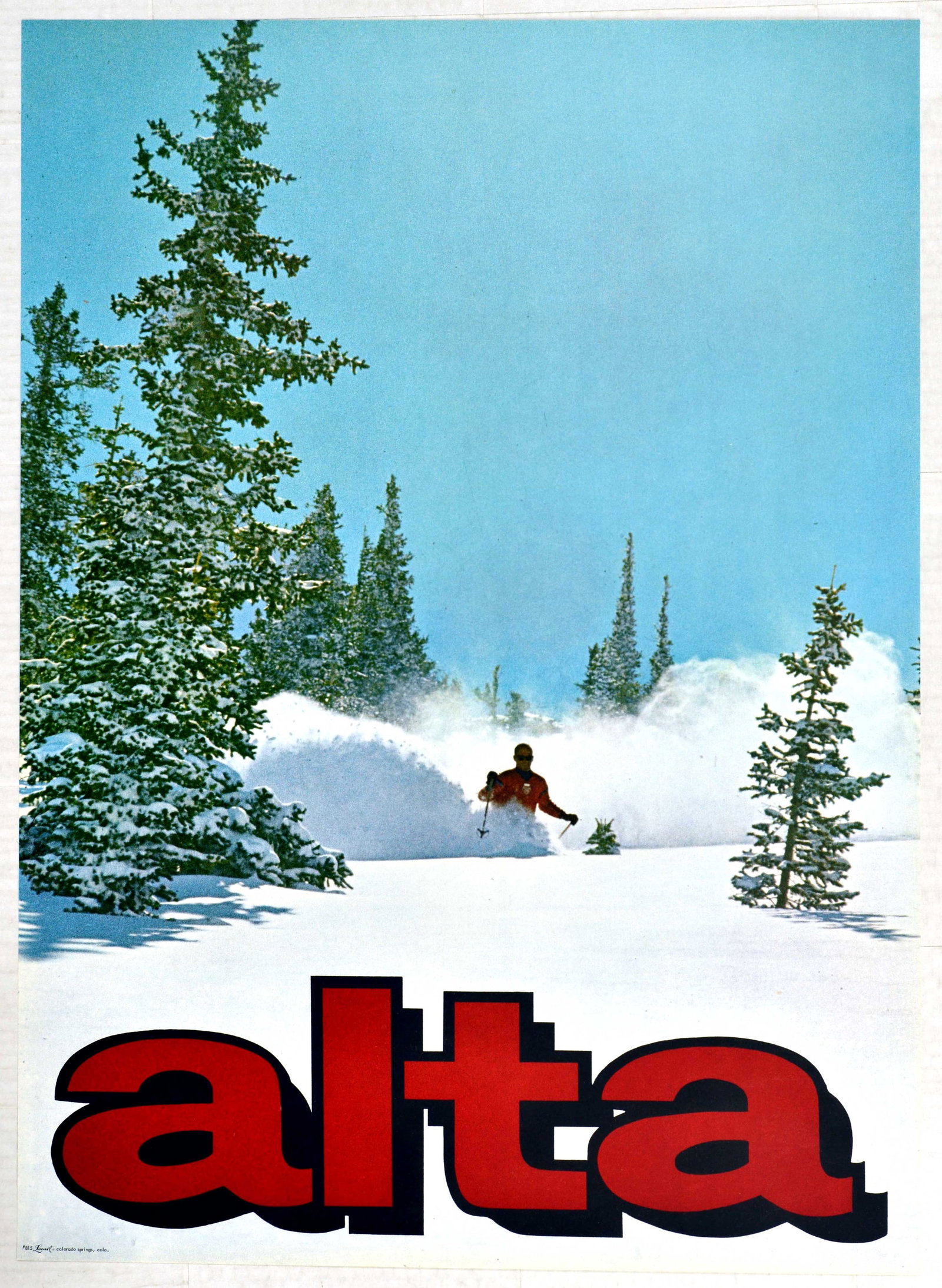 Sport Poster Alta Ski Utah USA: Original vintage ski travel poster advertising Alta Ski resort featuring a great image of a man in an orange ski suit skiing down a snowy mountain side between trees. Bold stylised red lettering below