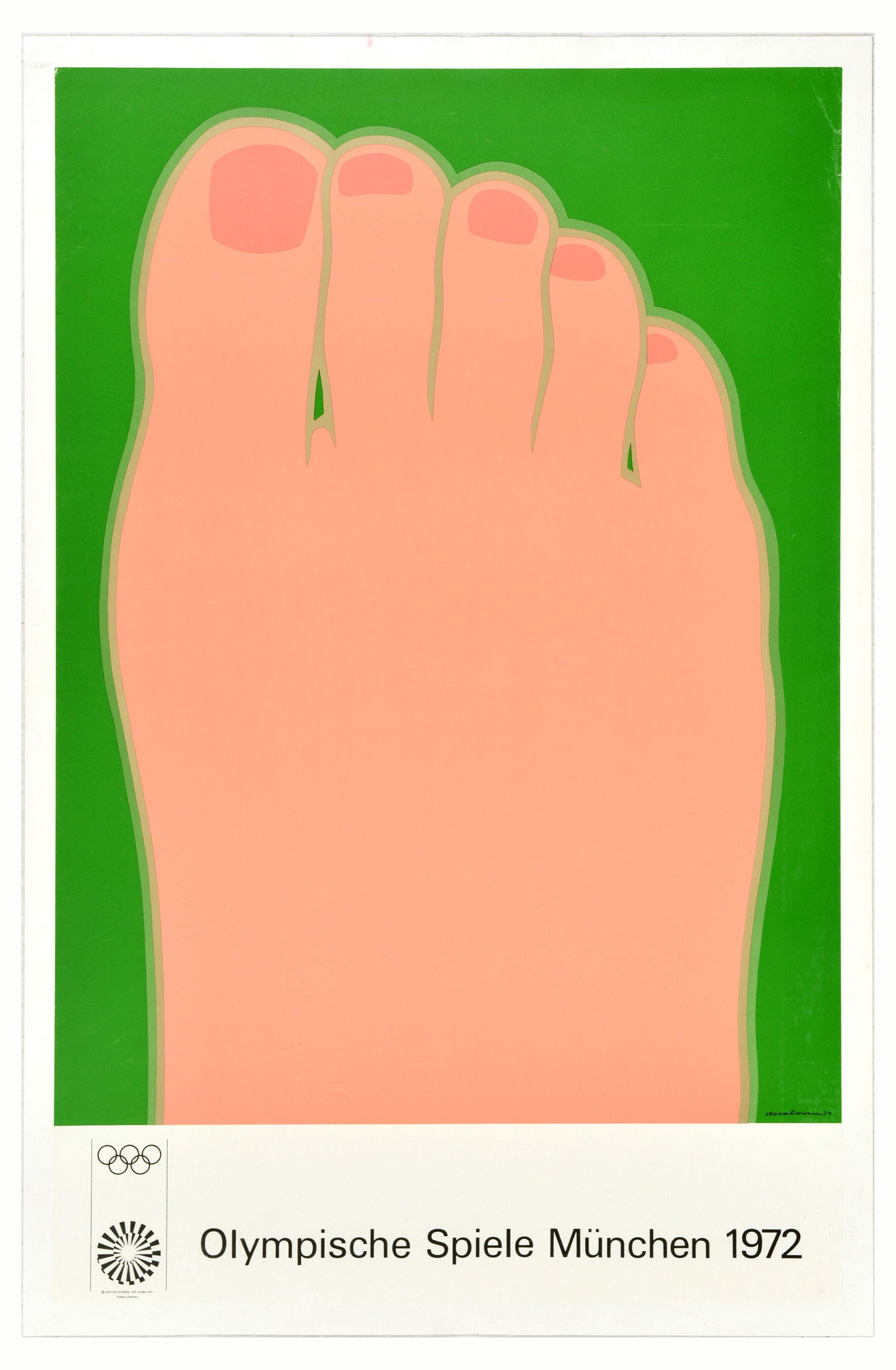 Sport Poster Munich Olympics 1972 Tom Wesselmann Foot: Original vintage sport poster for the 1972 Summer Olympic Games that took place from 26 August to 11 September 1972 in Munich, the poster features a bright illustration of a foot set over a green back