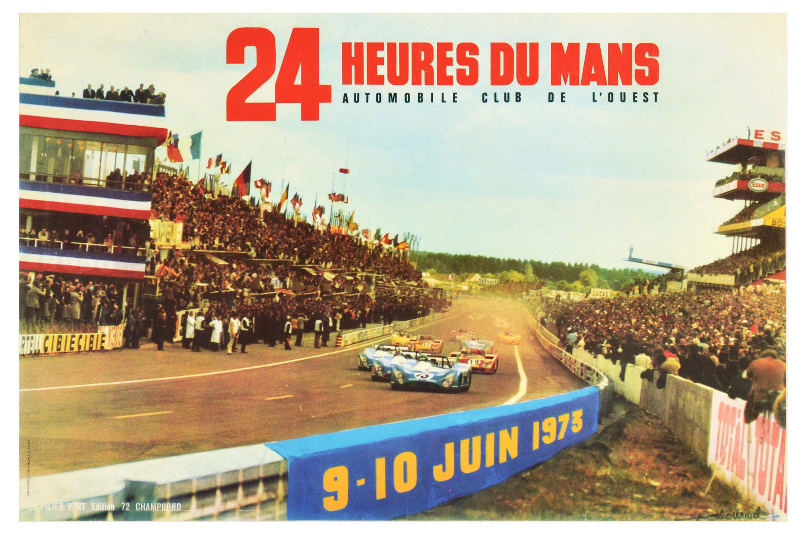 Sport Poster 24 Hours Le Mans Formula Racing 1973: Original vintage sports poster for the endurance race 24 Heures du Mans / 24 hours of Le Mans organised by Automobile Club de l'Ouest held on 9-10 June 1973 on the Circuit de la Sarthe featuring blue,