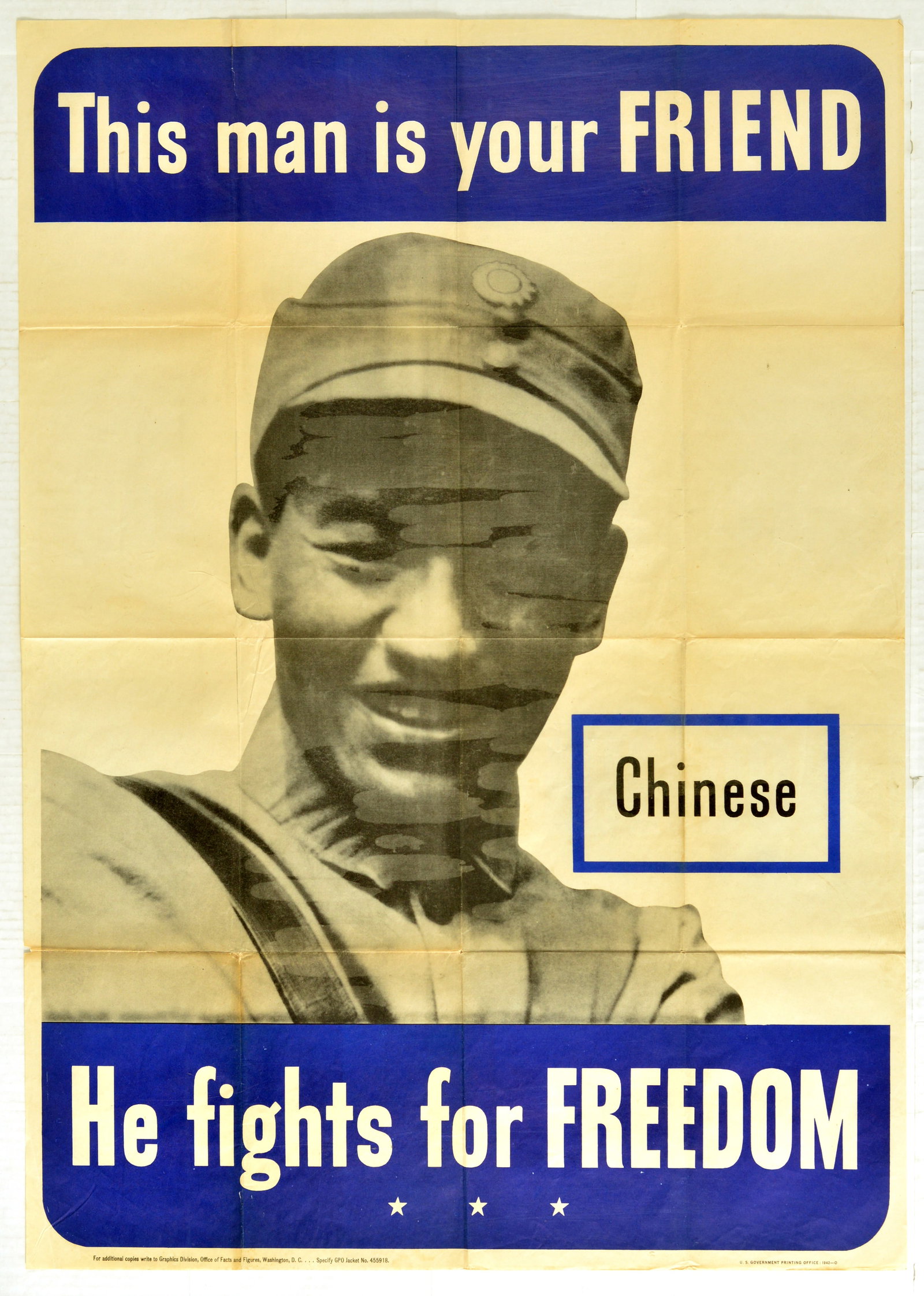 Propaganda Poster This Man Is Your Friend Chinese WWII: Original vintage World War Two propaganda poster from the series printed by the US Government Printing Office in 1942 to promote support of America's allies - This Man is Your Friend Chinese He Fights