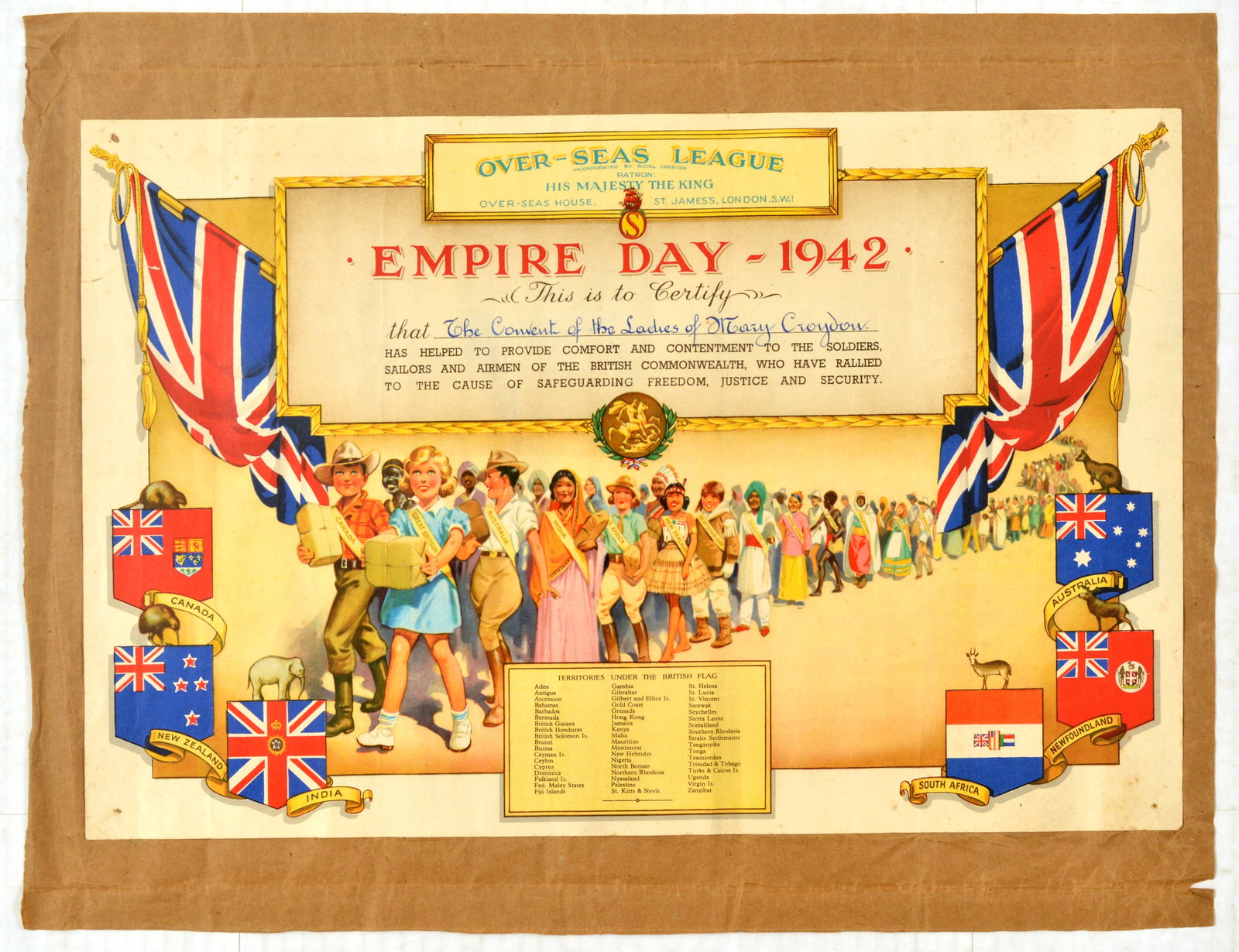 Propaganda Poster Royal Over Seas League British Empire Mary Croydon: Original vintage diploma issued by the Over-Seas League to the Convent of the Ladies of Mary Croydon of the Empire Day in 1942. The Royal Over-Seas League (ROSL) is a not-for-profit members’ organis