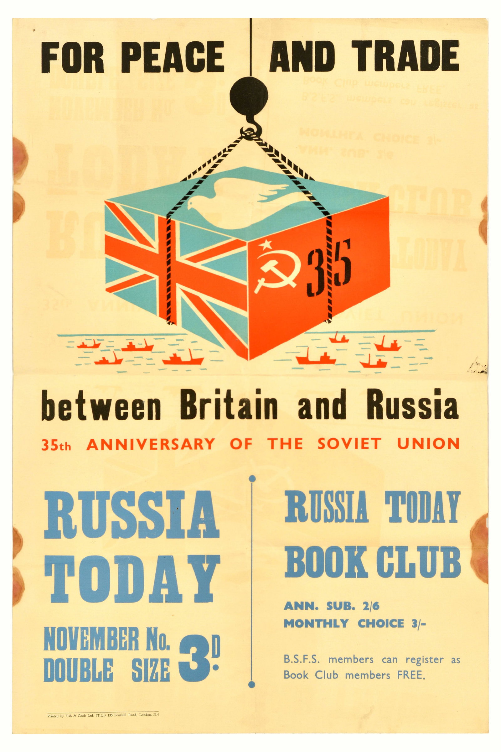 Propaganda Poster For Peace And Trade Britain Russia USSR: Original vintage propaganda poster For peace and trade between Britain and Russia 35th Anniversary of the Soviet Union - Russia Today Book Club, featuring an illustration of the Union Jack flag, the h