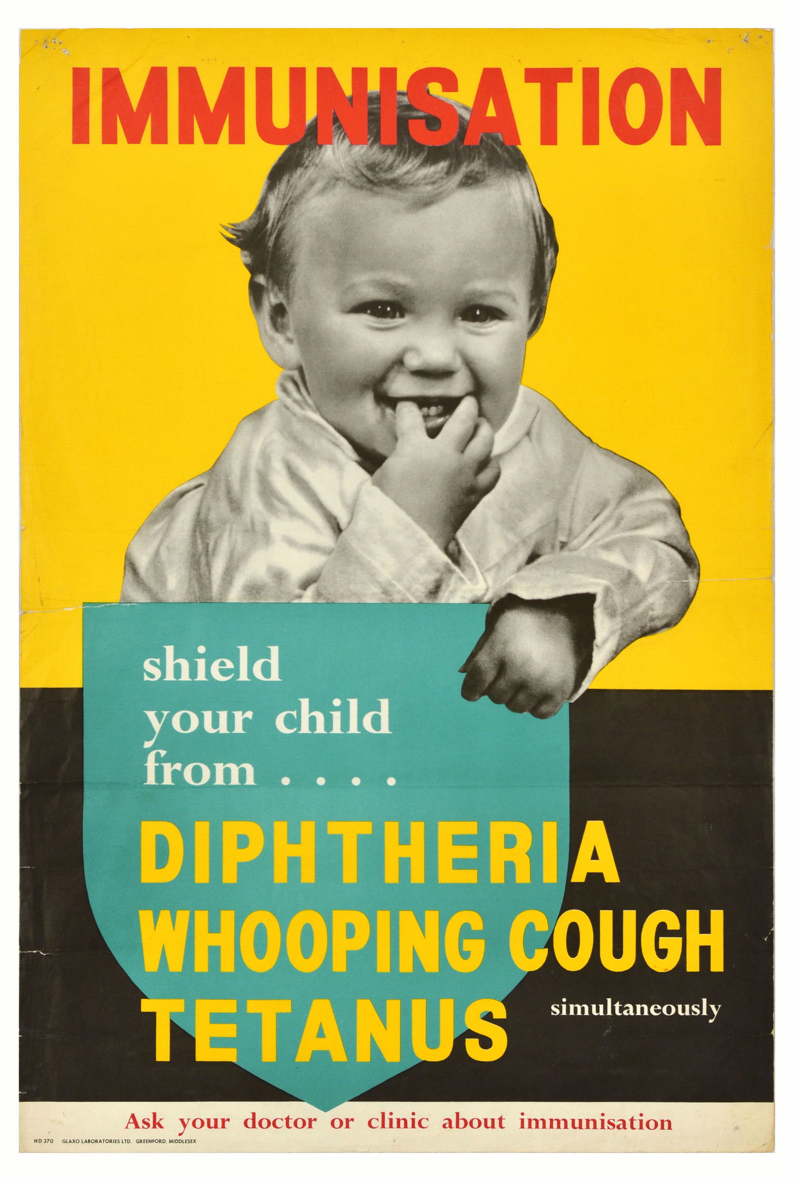 Propaganda Poster Immunisation Shield Your Child Diphtheria Health: Original vintage health propaganda poster - Immunisation. Shield your child from diphtheria, whooping cough, tetanus. Ask your doctor about immunisation - featuring an image of a smiling child set ove