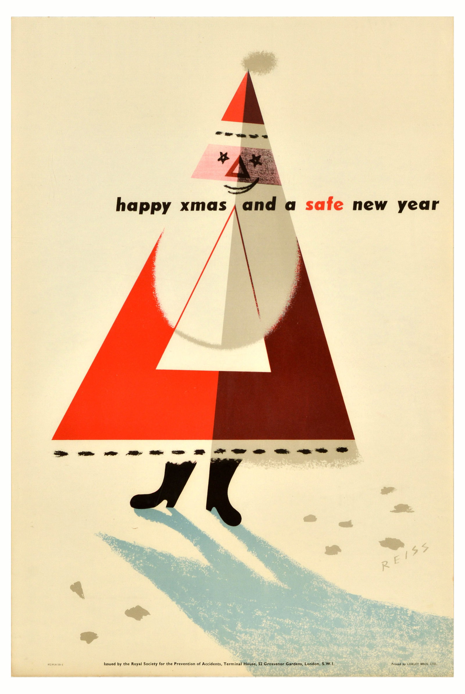 Propaganda Poster Santa Claus ROSPA Christmas New Year Road Safety Midcentury: Original vintage road safety poster - happy xmas and a safe new year - issued by the Royal Society for the Prevention of Accidents ROSPA featuring a fun and colourful mid-century illustration by the g