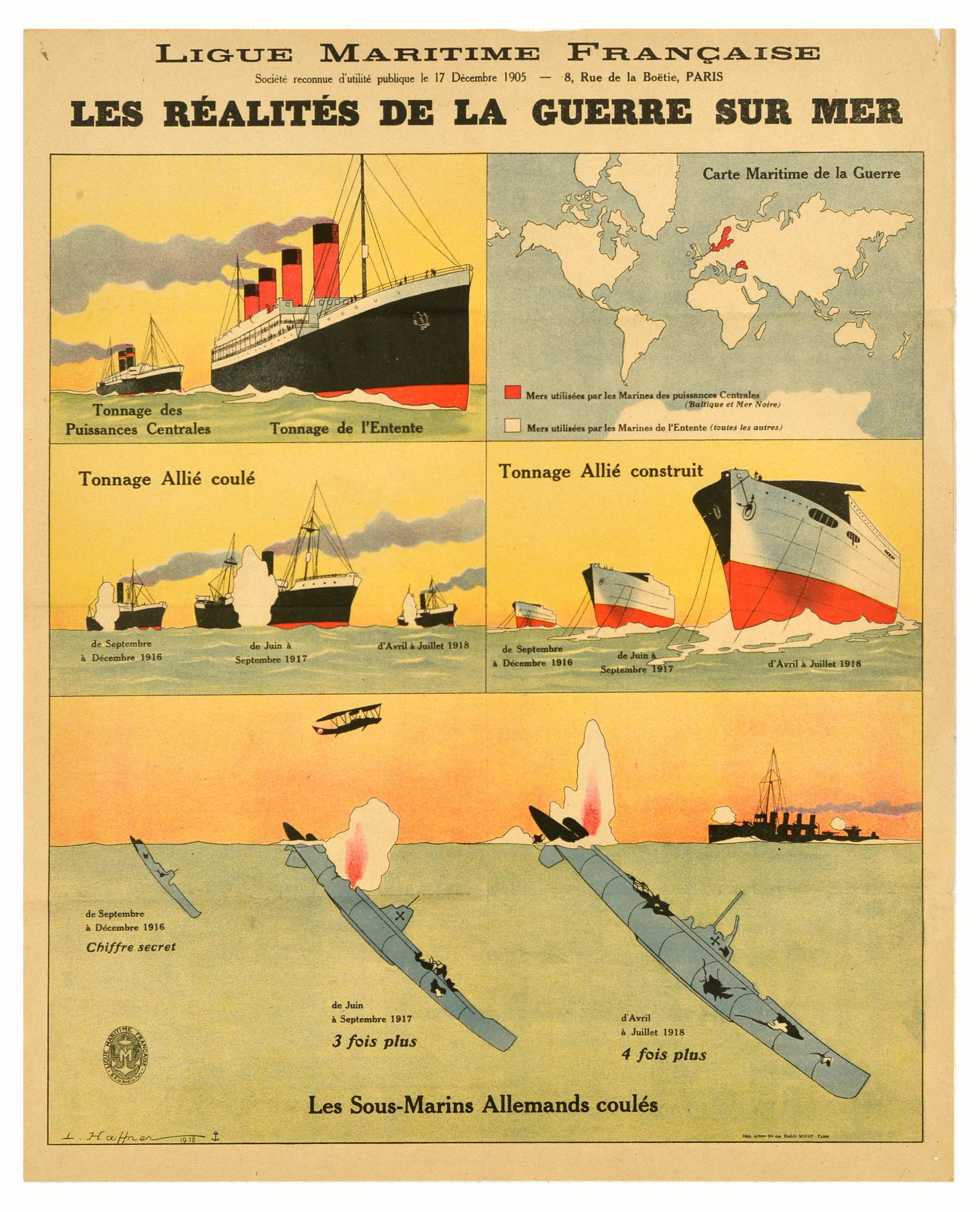 War Poster War At Sea WWI French Maritime League: Original antique World War One poster published by Ligue Maritime Francaise French Maritime League - Les Realites de la Guerre Sur Mer / The Realities of War at Sea - featuring an illustration of mari