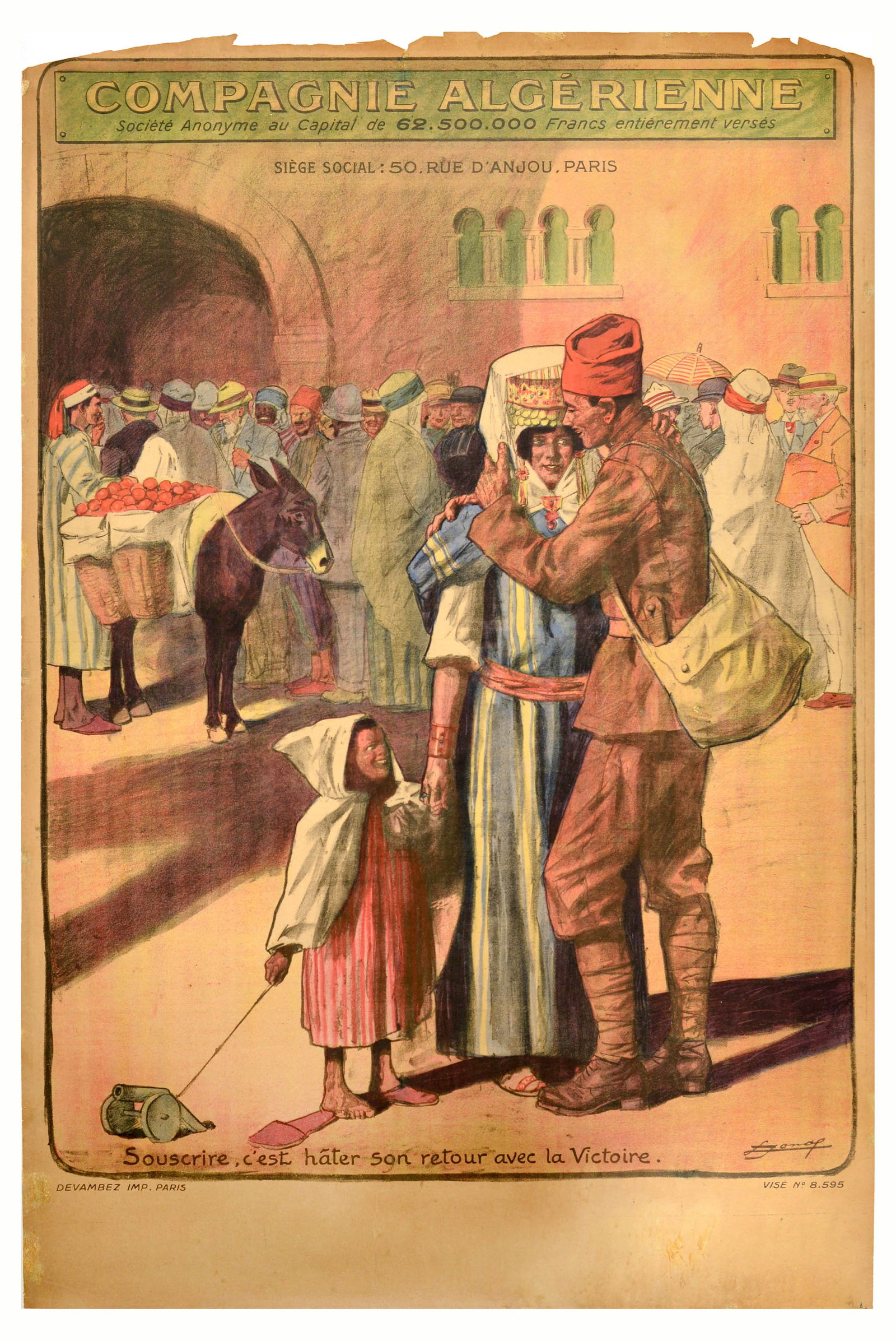 War Poster Compagnie Algerienne WWI Loan Algeria Lucien Jonas: Original antique World War One poster Compagnie Algerienne war loan bonds featuring an image of a soldier paying farewell to his family, with the child holding a toy cannon, the caption reads - Algeri