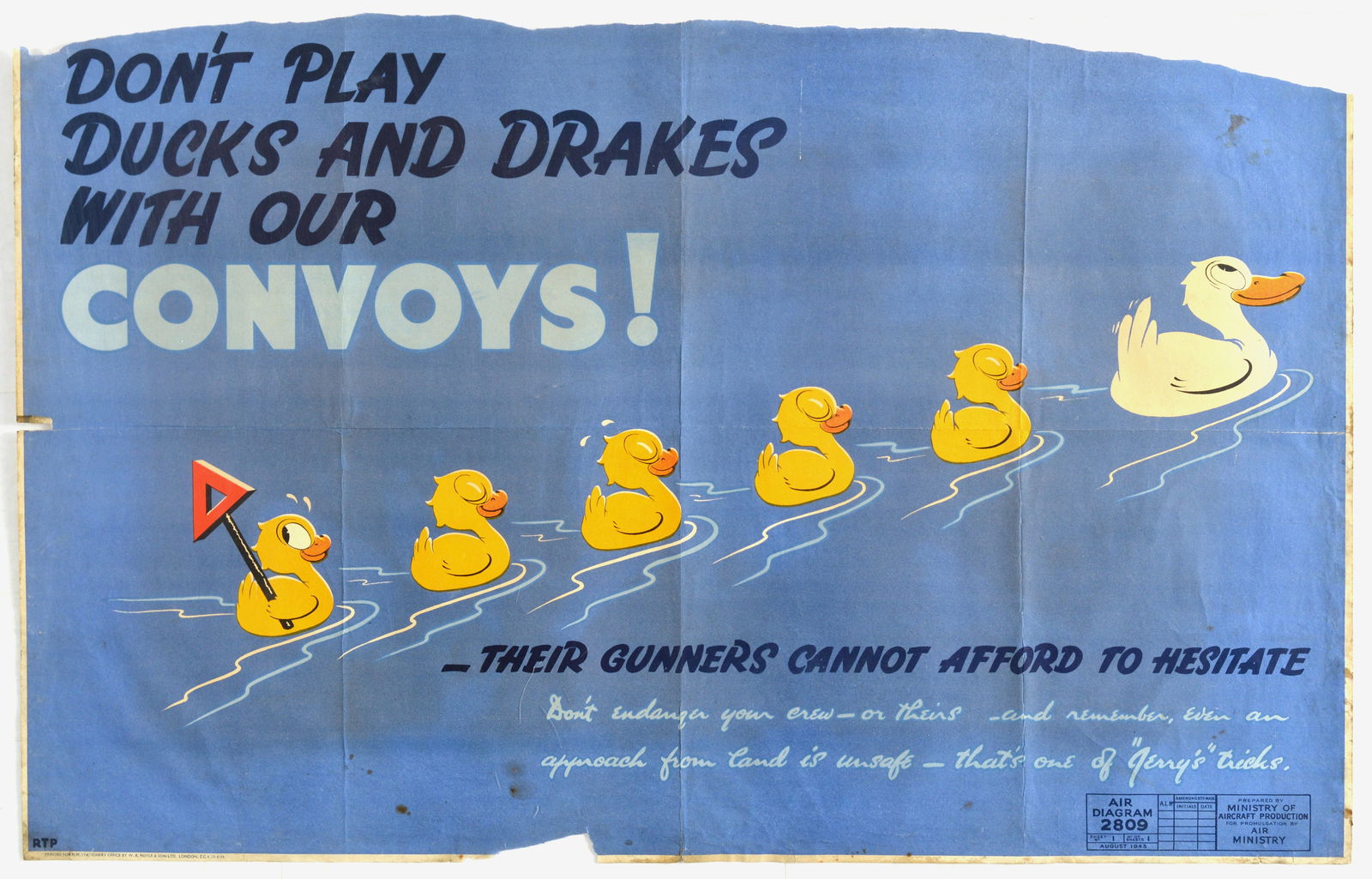 War Poster Ducks And Drakes British Air Force Convoys WWII Air Safety: Original vintage World War Two propaganda poster - Don't play ducks and drakes with our convoys! Their gunners cannot afford to hesitate Don't endanger your crew or theirs and, remember, even an appro