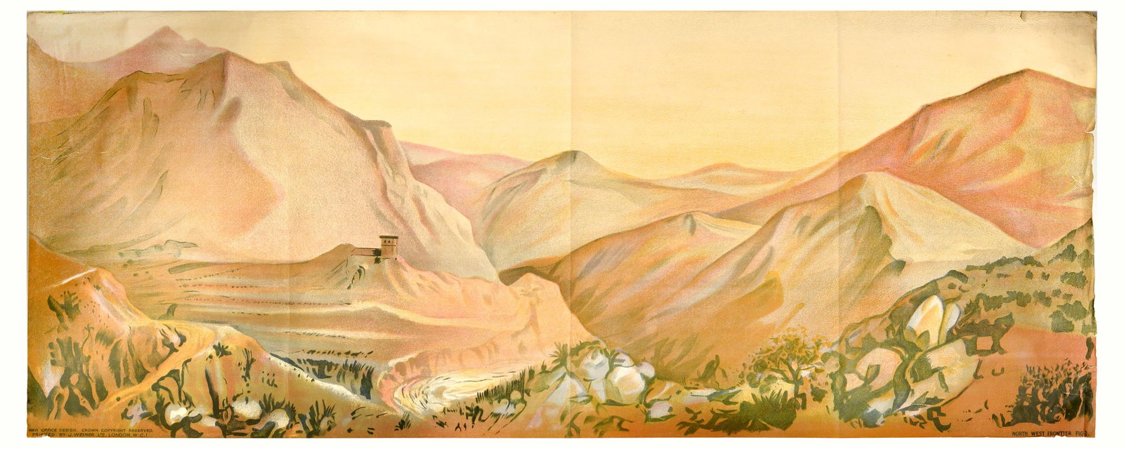 War Poster North West Frontier Rifle Shooting Training WWII War Office: Original vintage World War Two poster - issued by the War Office and intended for rifle shooting directional training. North West Frontier Fig 2 featuring War Office Design depicting a mountainous are