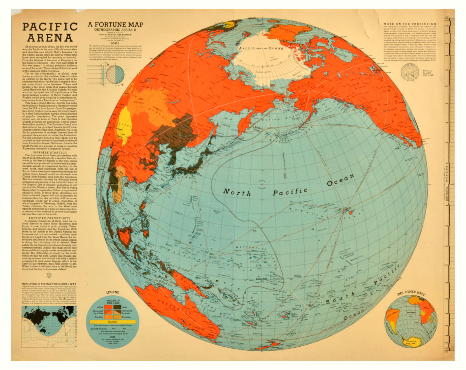 War Poster Pacific Arena A Fortune Map Orthographic Series II: Original vintage World War Two poster Pacific Arena A Fortune Map Orthographic Series II drawn by Richard Edes Harrison assisted by Marjorie K. Ulrich, supplement to Fortune September 1942, Copyright