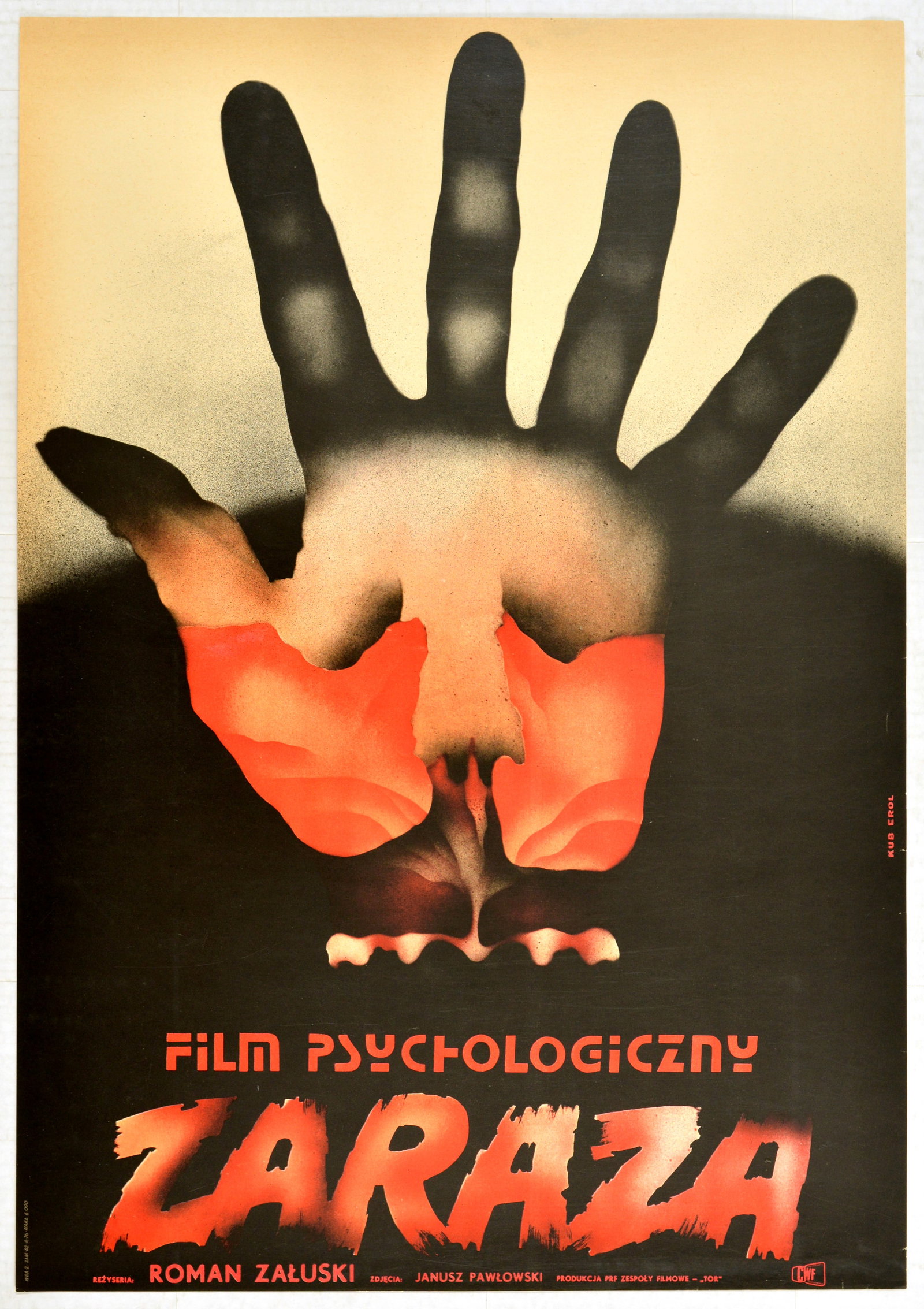 Movie Poster Zaraza Black Pox Epidemic Polish Design: Original vintage Polish film poster for Zaraza directed by Roman Zaluski , the script of which was based on a reportage by Jerzy Ambroziewicz. Great illustration features a hand above stylied red lett