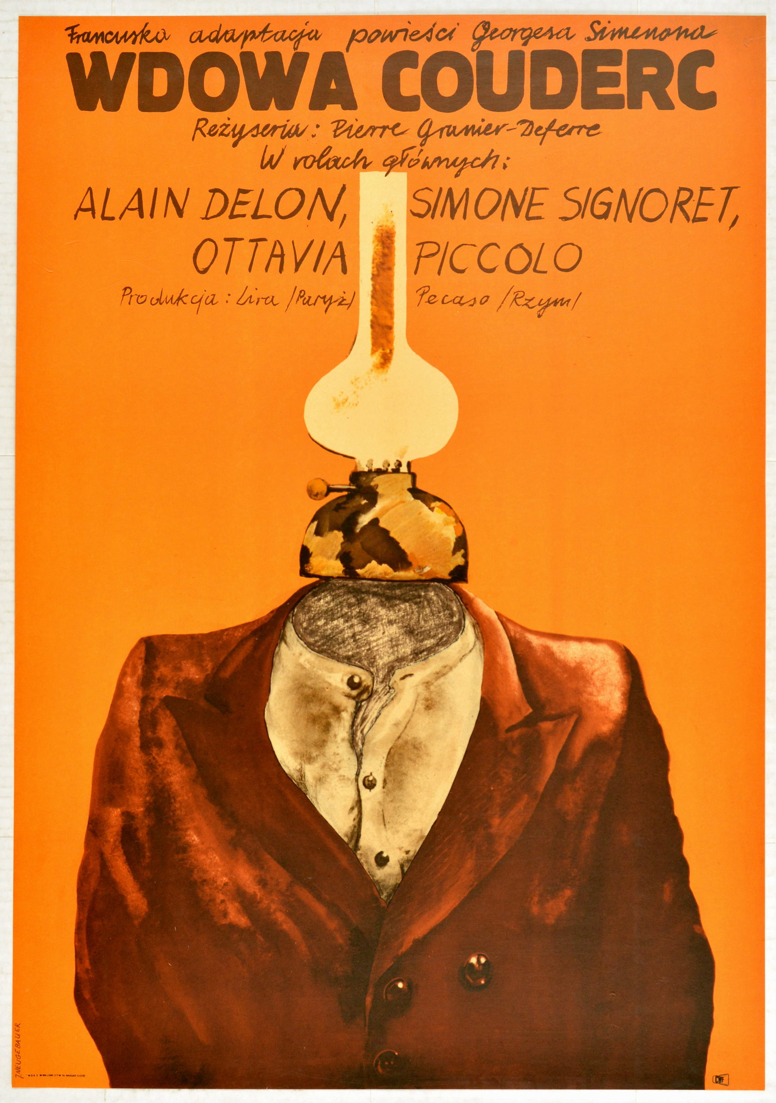 Movie Poster Wdowa Couderc Jacek Neugebauer Polish Design: Original vintage movie poster for a Polish release of a French film La veuve Couderc under a title Wdowa Couderc. Image of a man with an oil lamp for a head. The Widow Couderc (French: La veuve Couder