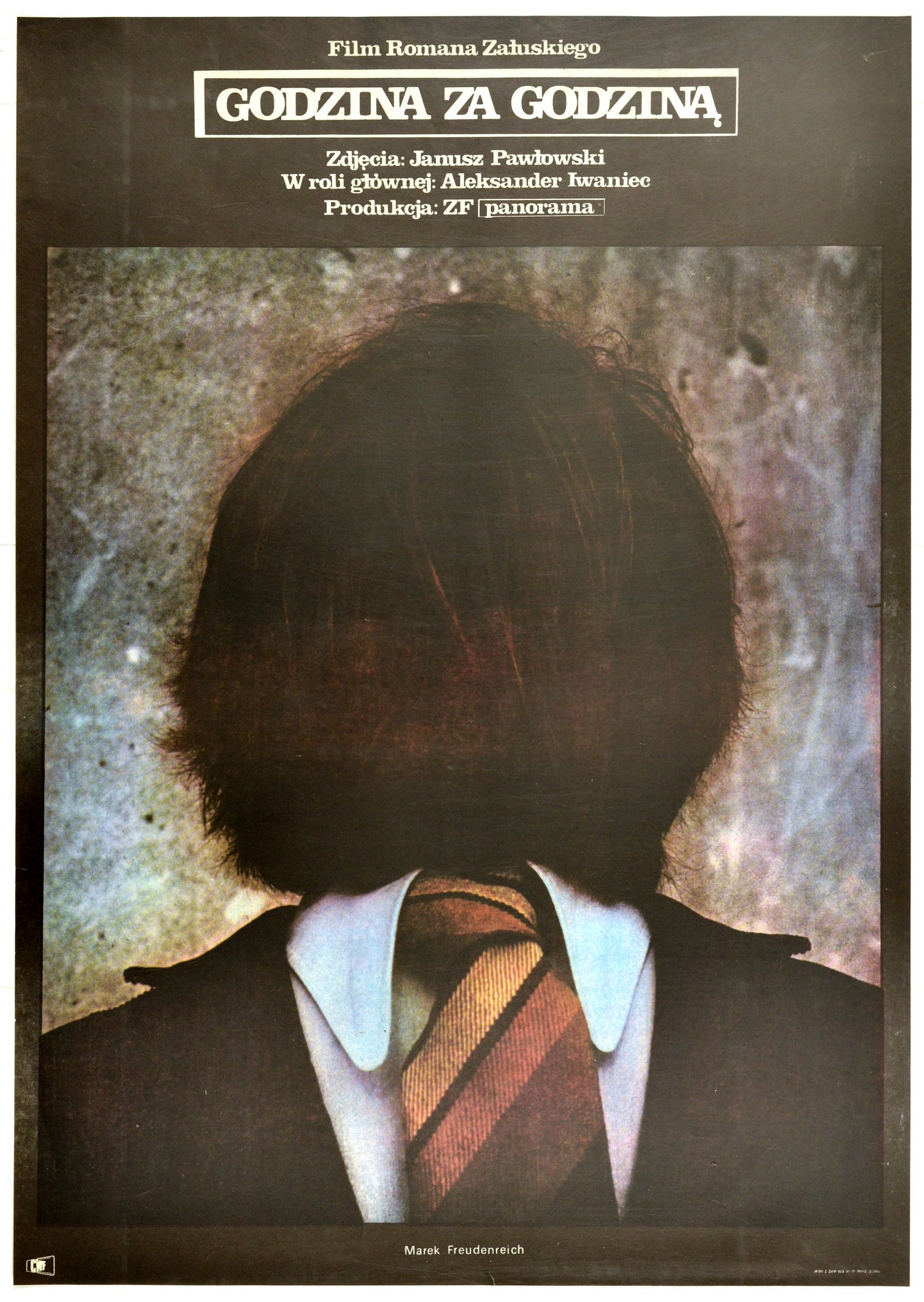 Movie Poster Godzina za Godzina Poland Marek Freudenreich Polish Design: Original vintage movie poster for a Polish film Godzina za godzina. Image of a man in a suit and a tie with hos head twisted around. Godzina za godzina - Hour after Hour - Polish drama, psychological 