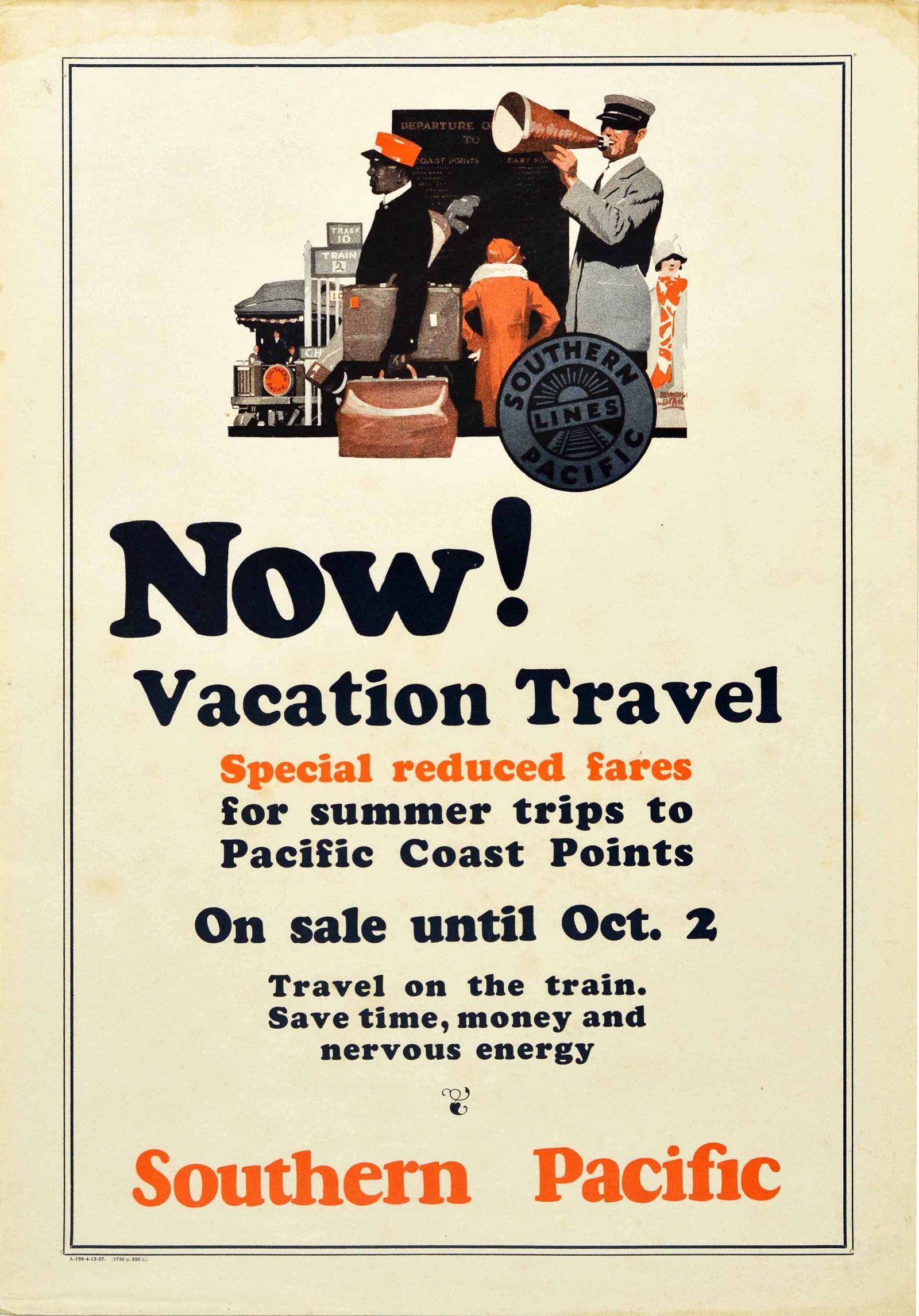Travel Poster Southern Pacific Railway Vacation Travel Art Deco: Original antique railway travel advertising poster issued by Southern Pacific featuring a train on the tracks with people on a platform including an elegant lady in red looking at the departure board,
