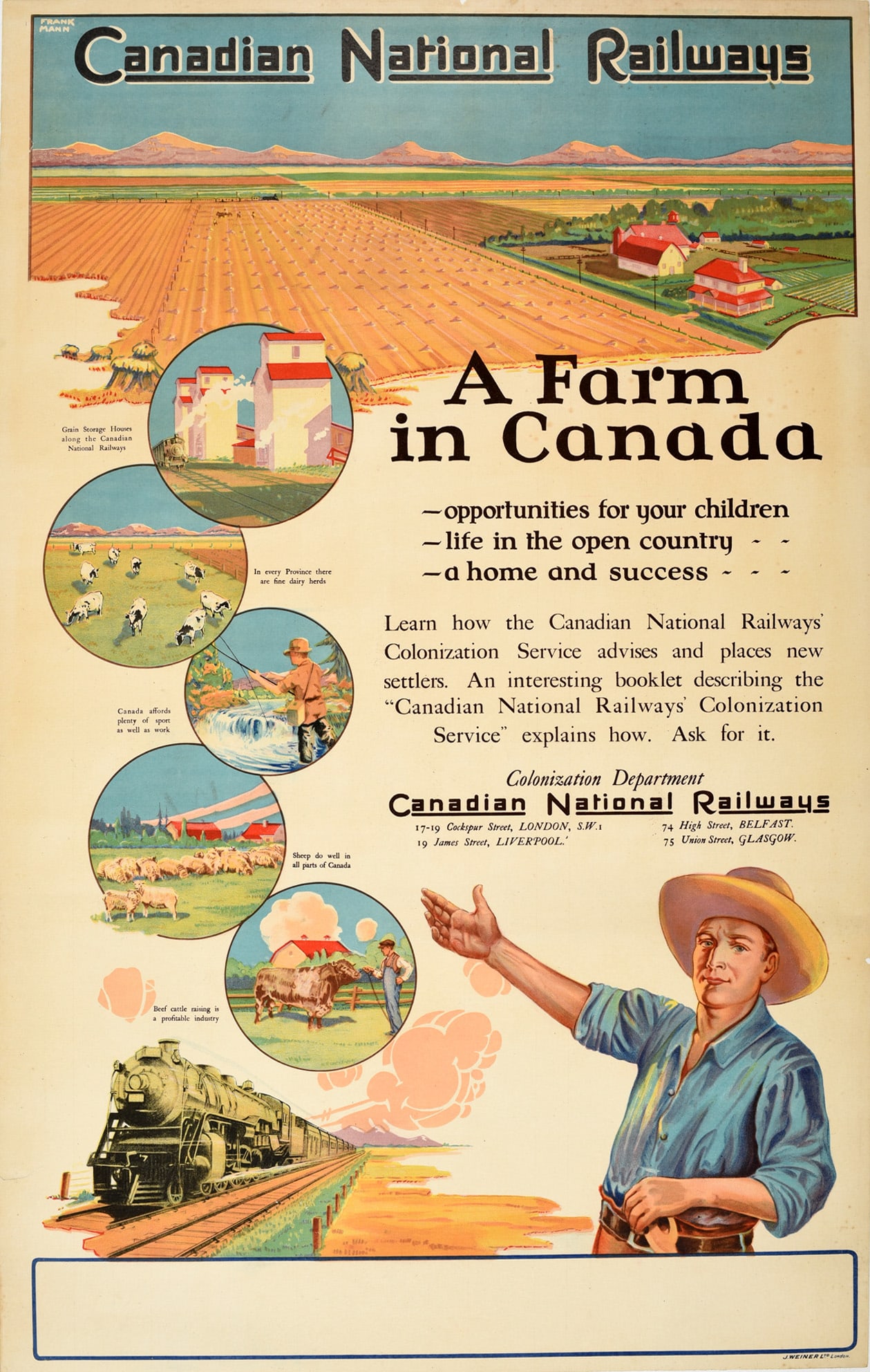Travel Poster Canadian National Railways CNR A Farm In Canada Colonization Immigration: Original vintage poster issued by the Colonization Department of Canadian National Railways - A Farm in Canada - featuring a homestead with farmland and mountains in the distance below a blue sky with