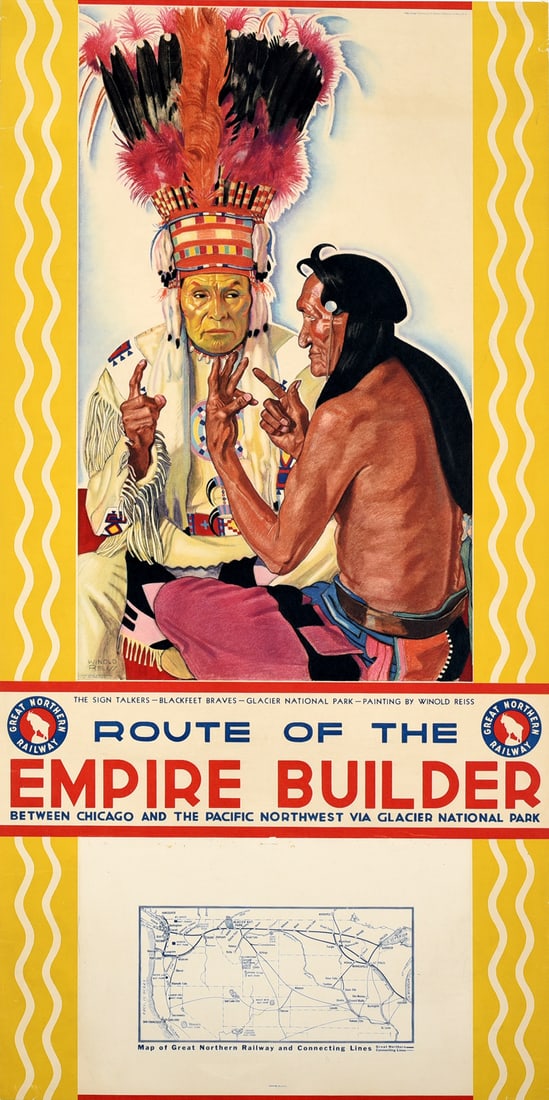 Travel Poster Empire Builder Route Chicago Pacific Northwest Railway Glacier National Park: Original vintage travel advertising poster - Route of the Empire Builder Between Chicago and the Pacific Northwest via Glacier National Park - featuring two native American men wearing traditional dre