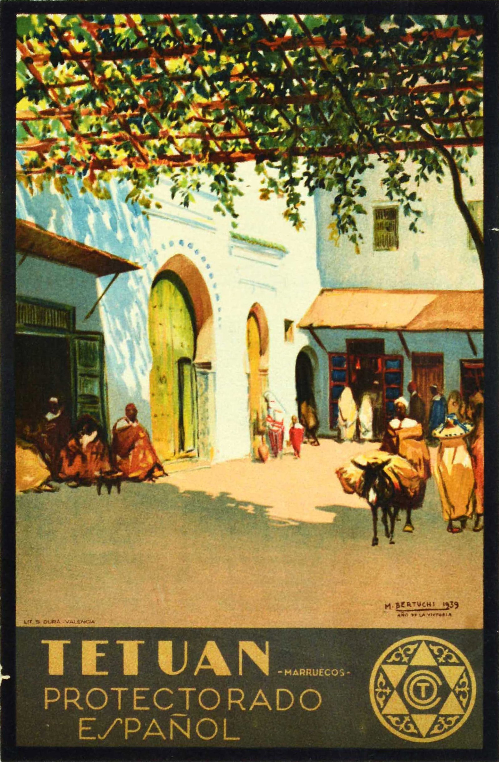 Travel Poster Tetuan Espanol Africa Morocco Bertuchi Colonial Africa: Original vintage travel poster for a major port city on the Mediterranean Sea - Tetuan Marruecos Protectorado Espanol / Tetuan Morocco Spanish Protectorate - featuring scenic artwork by the painter Ma