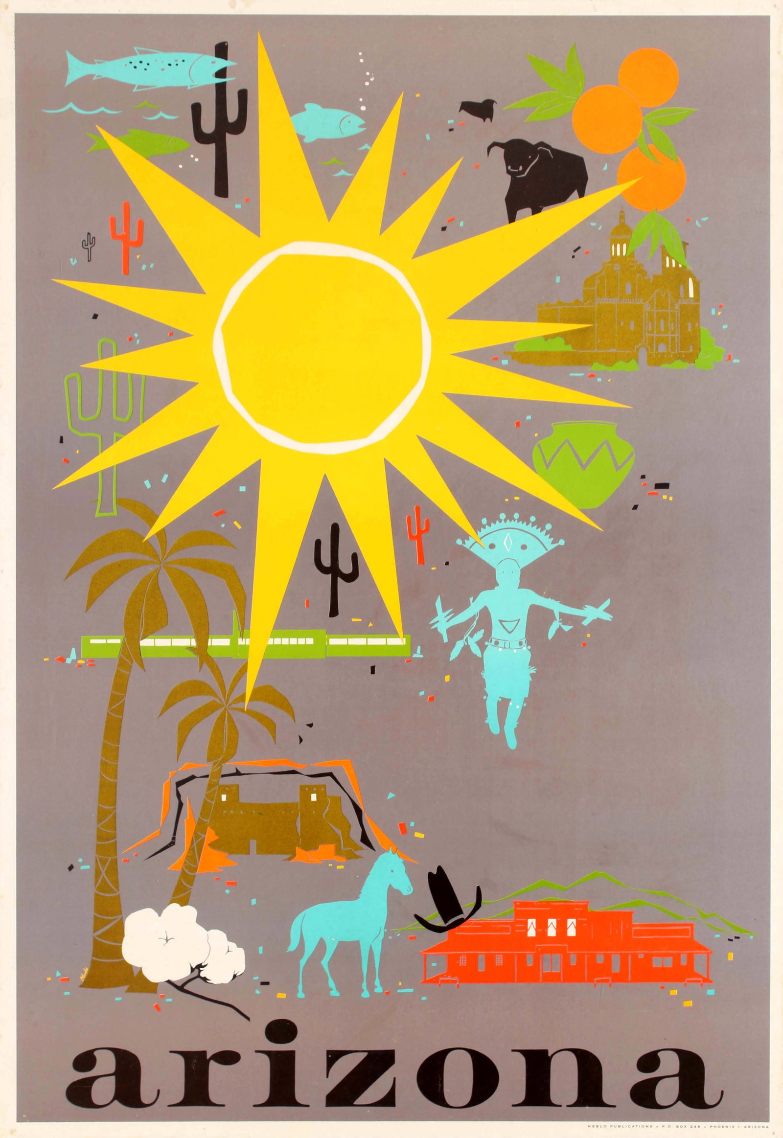 Travel Poster Arizona Sun USA Navajo: Original vintage travel poster for Arizona 'The Grand Canyon State' of America featuring bright and colourful graphic illustrations depicting the history, heritage, culture and history of Arizona agai