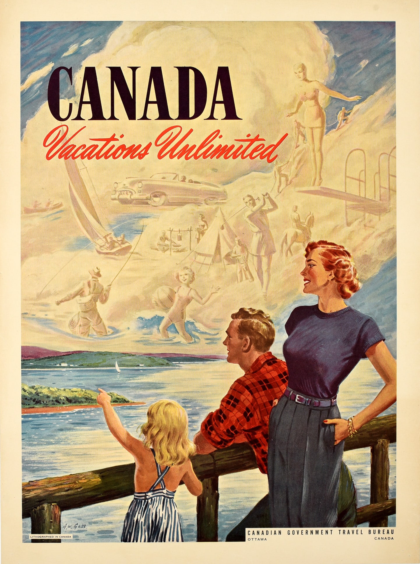 Travel Poster Canada Vacations Unlimited: Original vintage travel advertising poster for Canada Vacations Unlimited featuring a happy family on holiday with the fashionably dressed lady standing behind the men in a checked shirt and the young