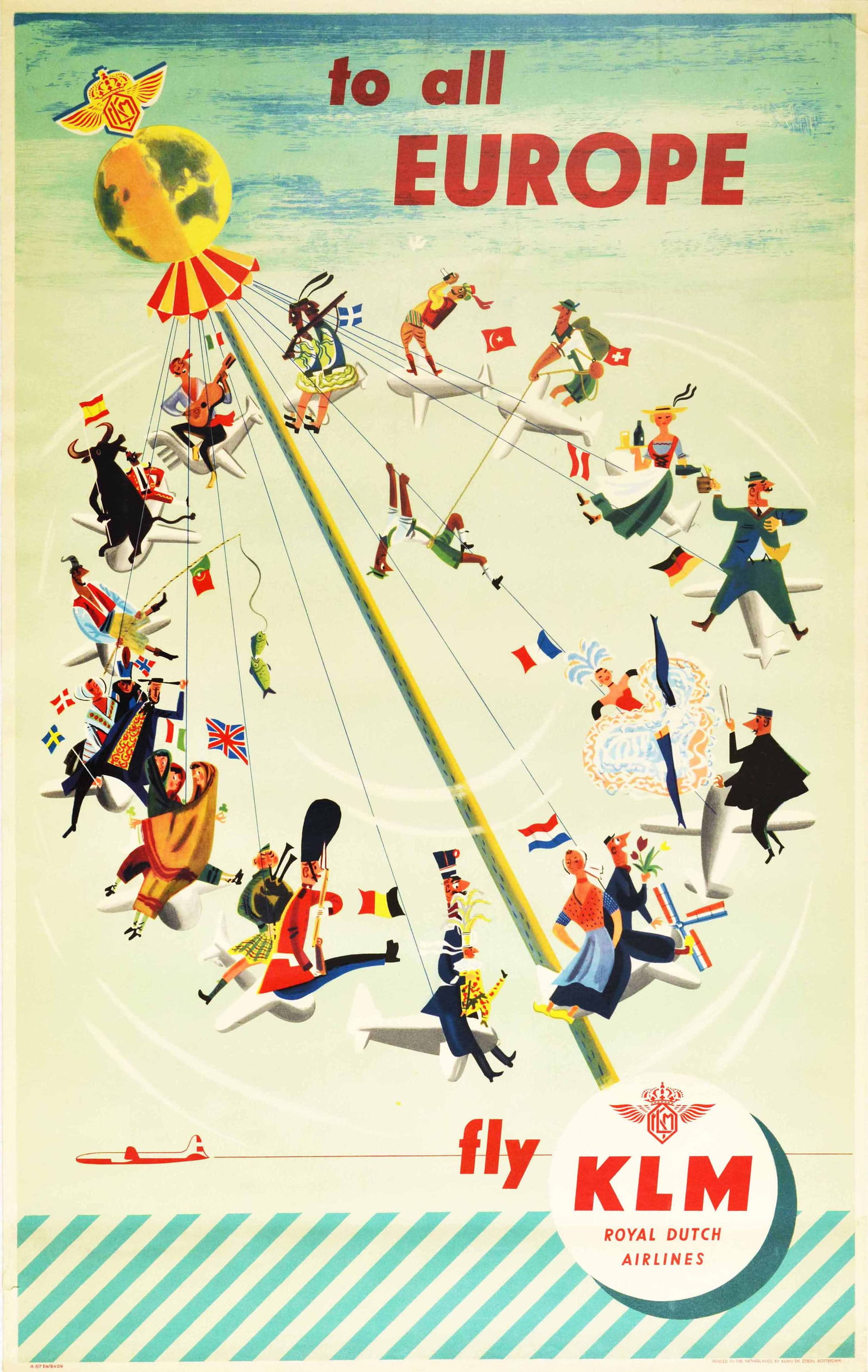 Travel Poster KLM Royal Dutch Airlines Europe Carousel: Original vintage travel poster issued by KLM Royal Dutch Airlines - Fly KLM to all Europe. The poster features a colourful and fun illustration by Emile Brumsteede (Mile; 1911-1962) of people represen
