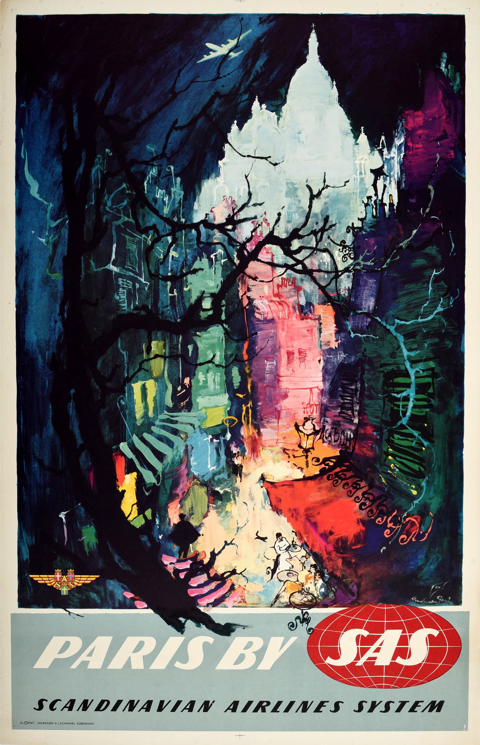 Travel Poster Paris Montmartre France SAS Airlines Otto Nielsen: Original vintage travel poster for Paris by SAS Scandinavian Airlines System featuring a colourful design by Otto Nielsen (1916-2000) depicting a view along a street with an awning over a cafe and his
