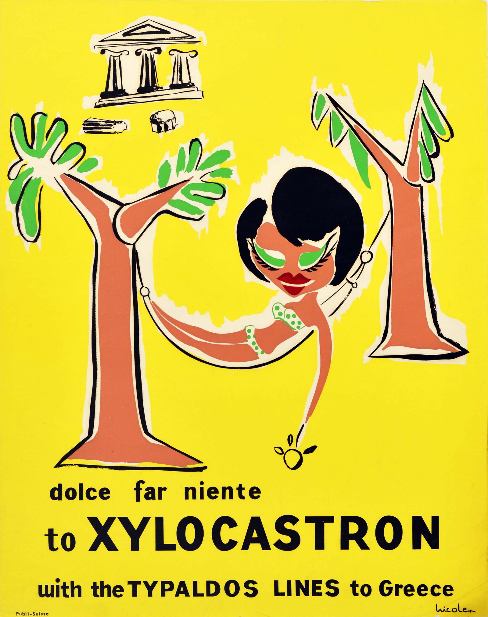 Travel Poster Xylocastro Greece Holiday Typaldos Lines: Original vintage travel poster promoting the seaside town of Xylocastron / Xylokastro in Corinthia in the Peloponnese - dolce far niente / pleasant relaxation to Xylocastron with the Typaldos Lines to