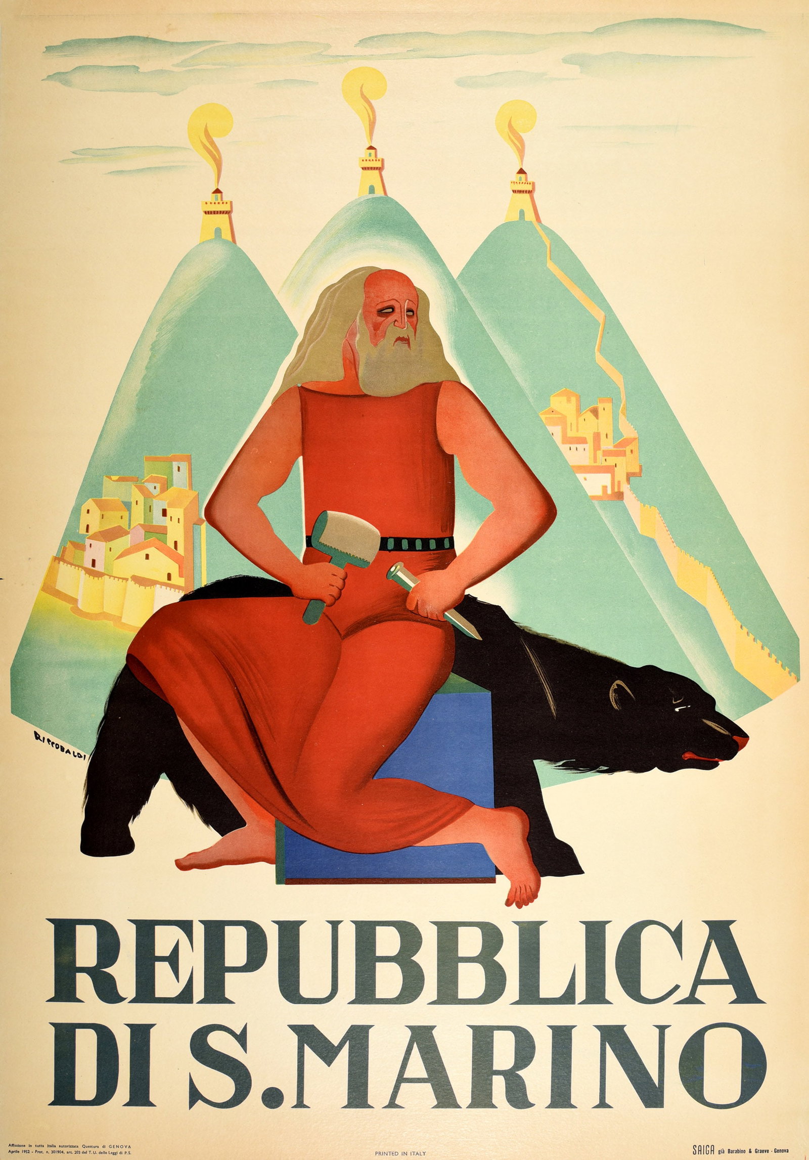 Travel Poster Repubblica Di San Marino Republic Italy: Original vintage travel poster for the Repubblica Di S.Marino / Republic of San Marino - the historic microstate enclave located on the Italian Alps near Rimini (named after the Roman stonemason Saint
