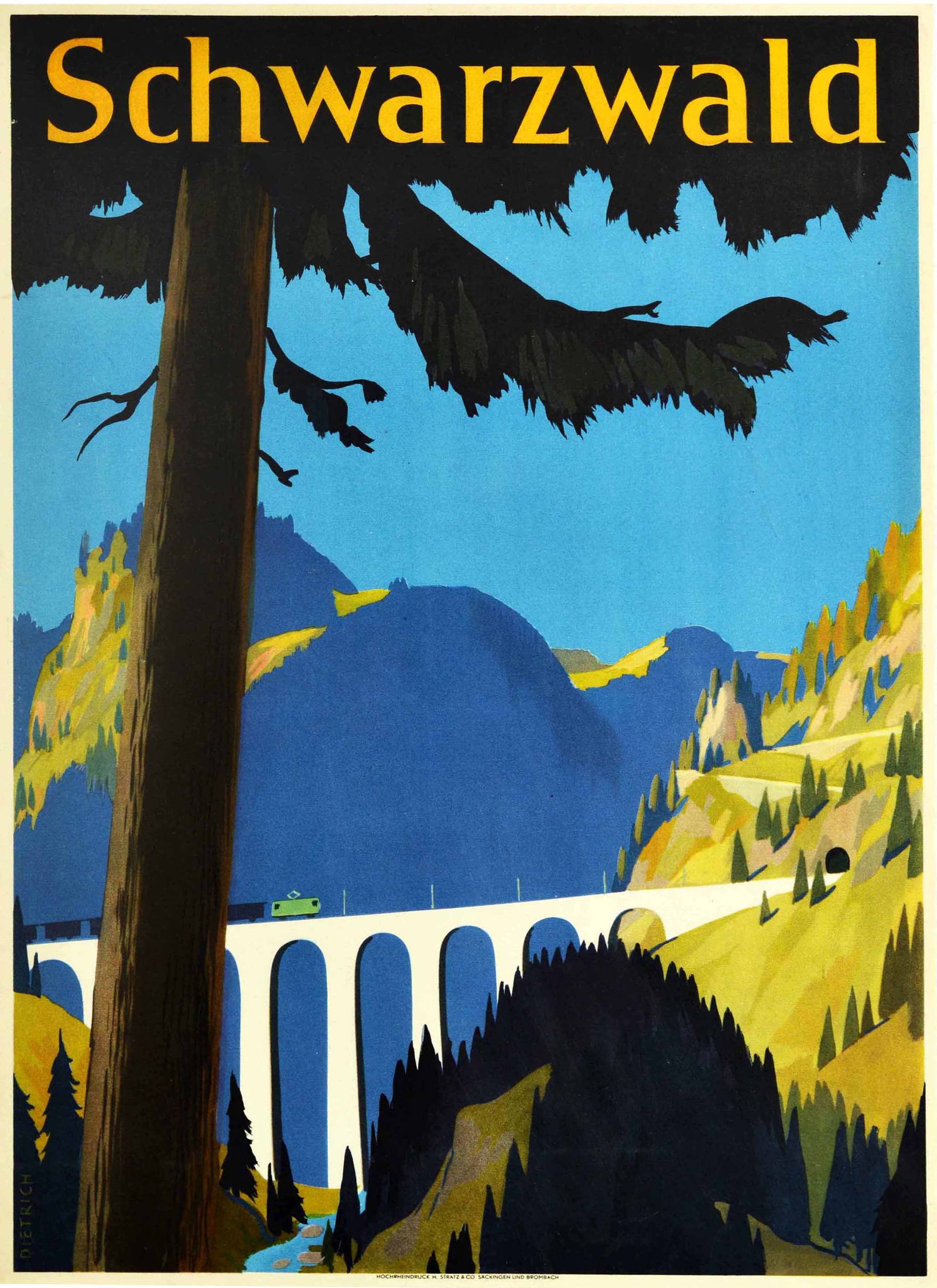 Travel Poster Schwarzwald Black Forest Hollentahlbahn Railway Germany: Original vintage travel poster promoting Schwarzwald in Germany featuring a great illustration of a pine tree in the foreground, forested mountains and a Hollentalbahn railway train approaching a tunn