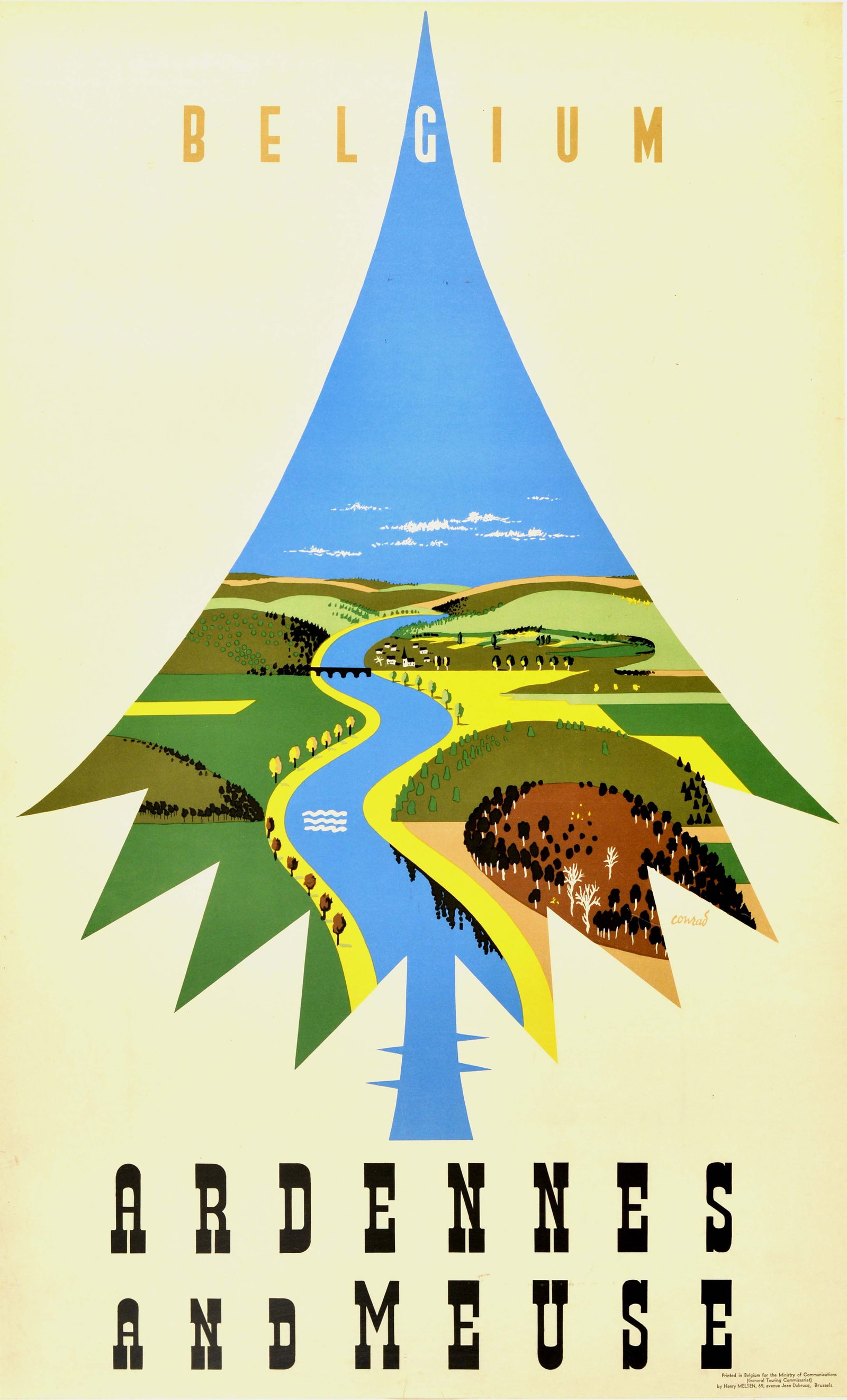 Travel Poster Belgium Ardennes And Meuse Midcentury Modern: Original vintage travel poster for Belgium Ardennes and Meuse featuring a countryside scene of a bridge over a river flowing past green fields and forests to a blue sky within the shape of a tree with